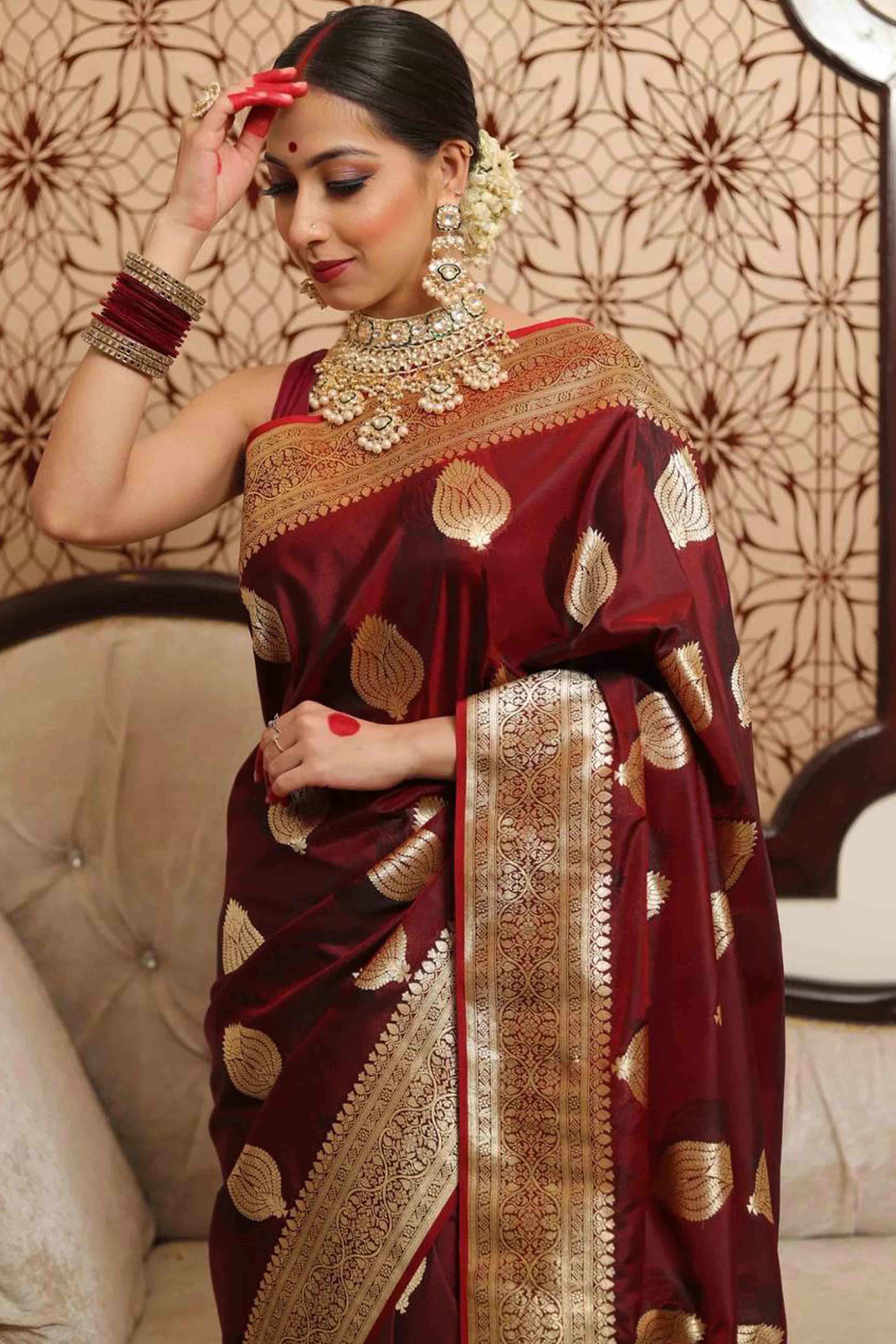 Maroon Floral Woven Lichi Banarasi Silk Saree