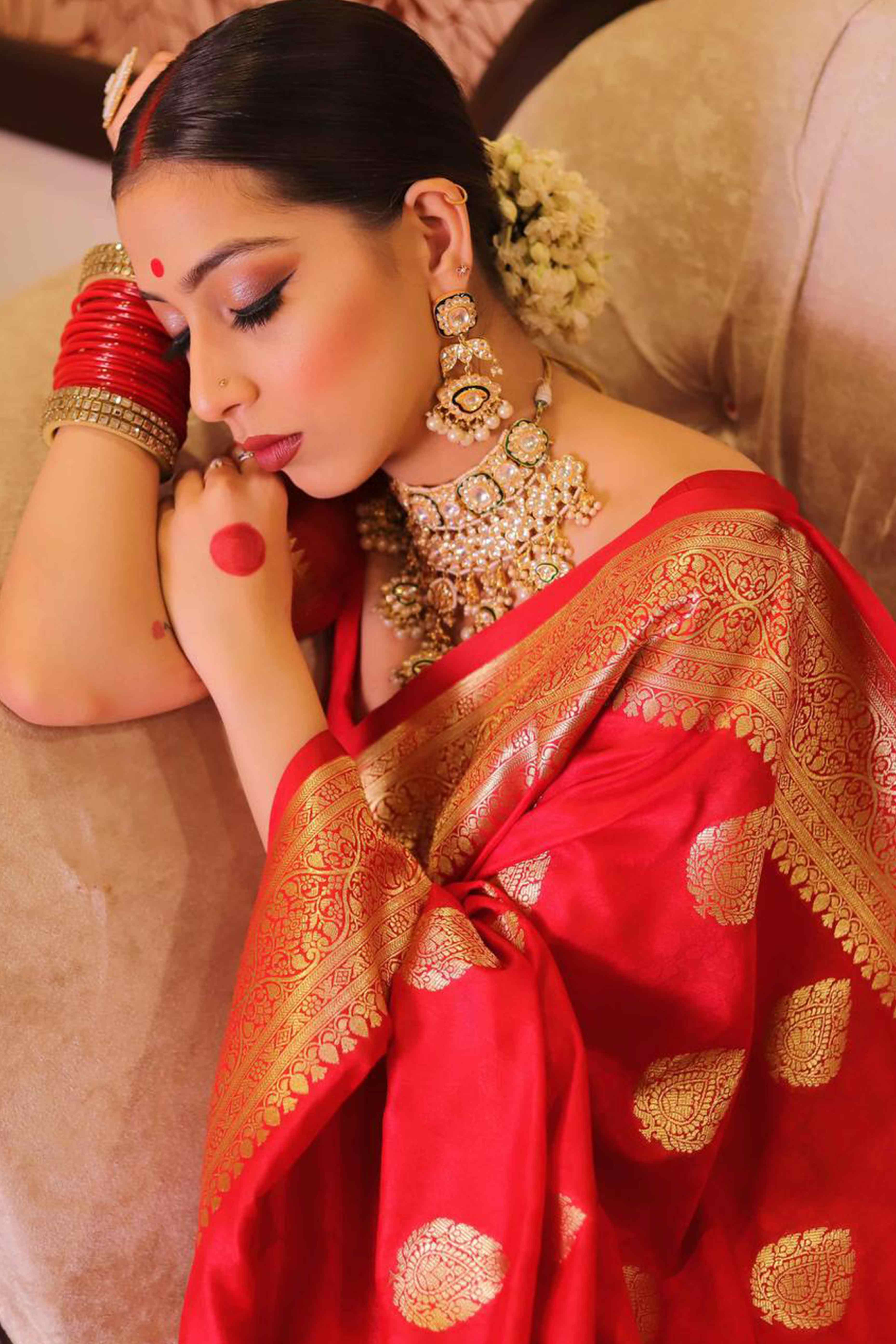 Red Floral Woven Lichi Banarasi Silk Saree