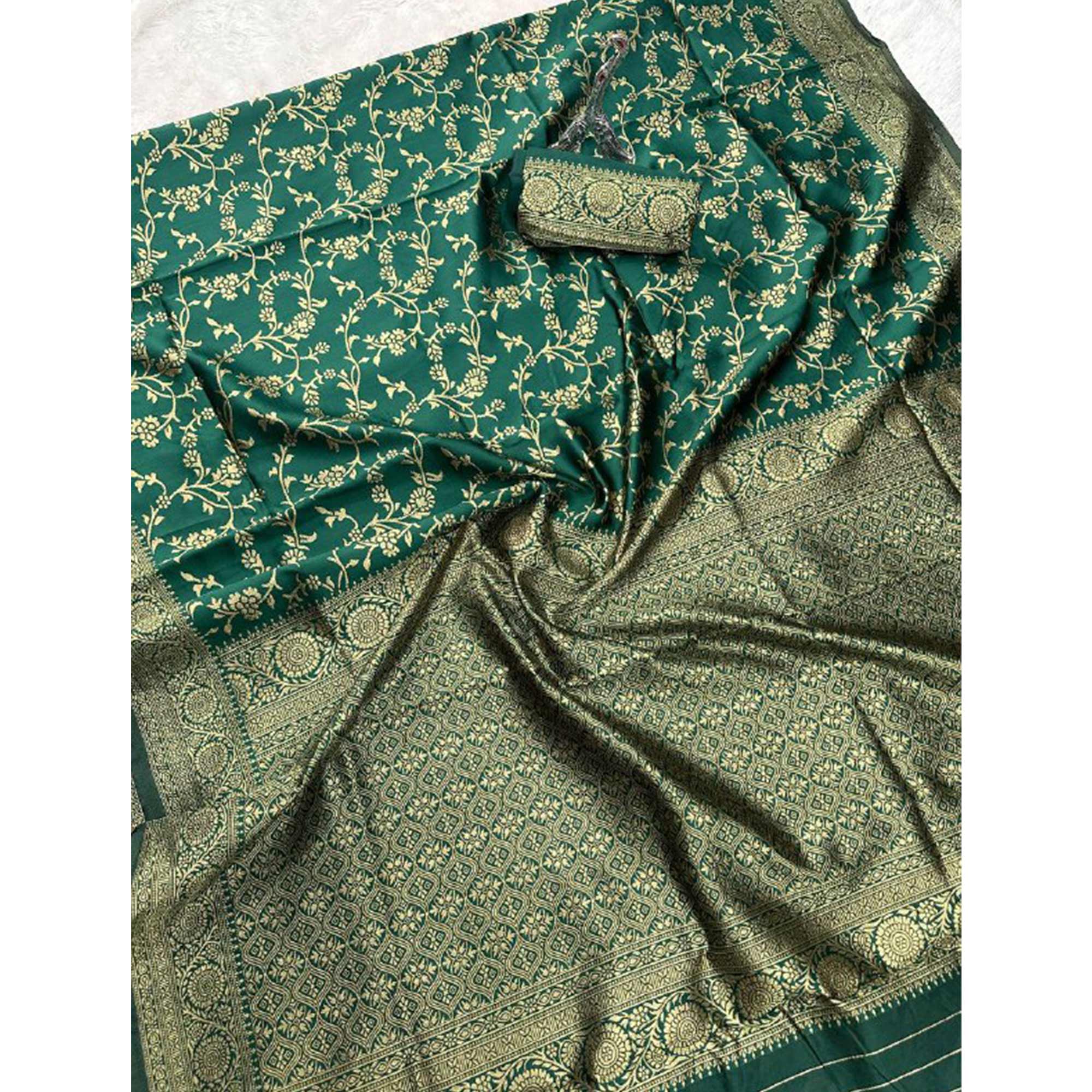 Green Saree in Pure Banarasi Silk with Artistically Woven Floral Zari Accents