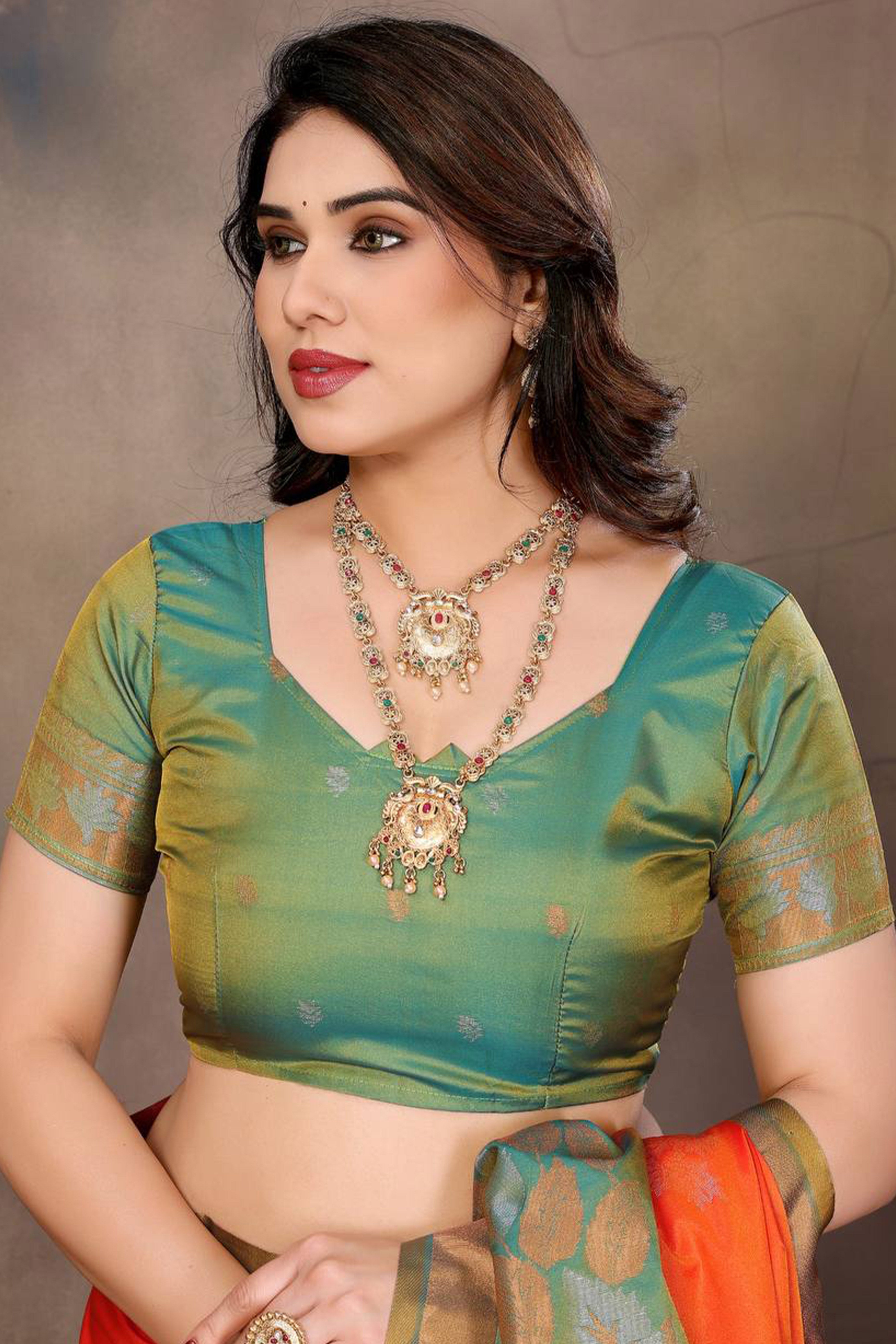 Orange Leaf & Floral Motif Banarasi Silk Saree With Luxurious Zari Weaving Two Tone Weaving