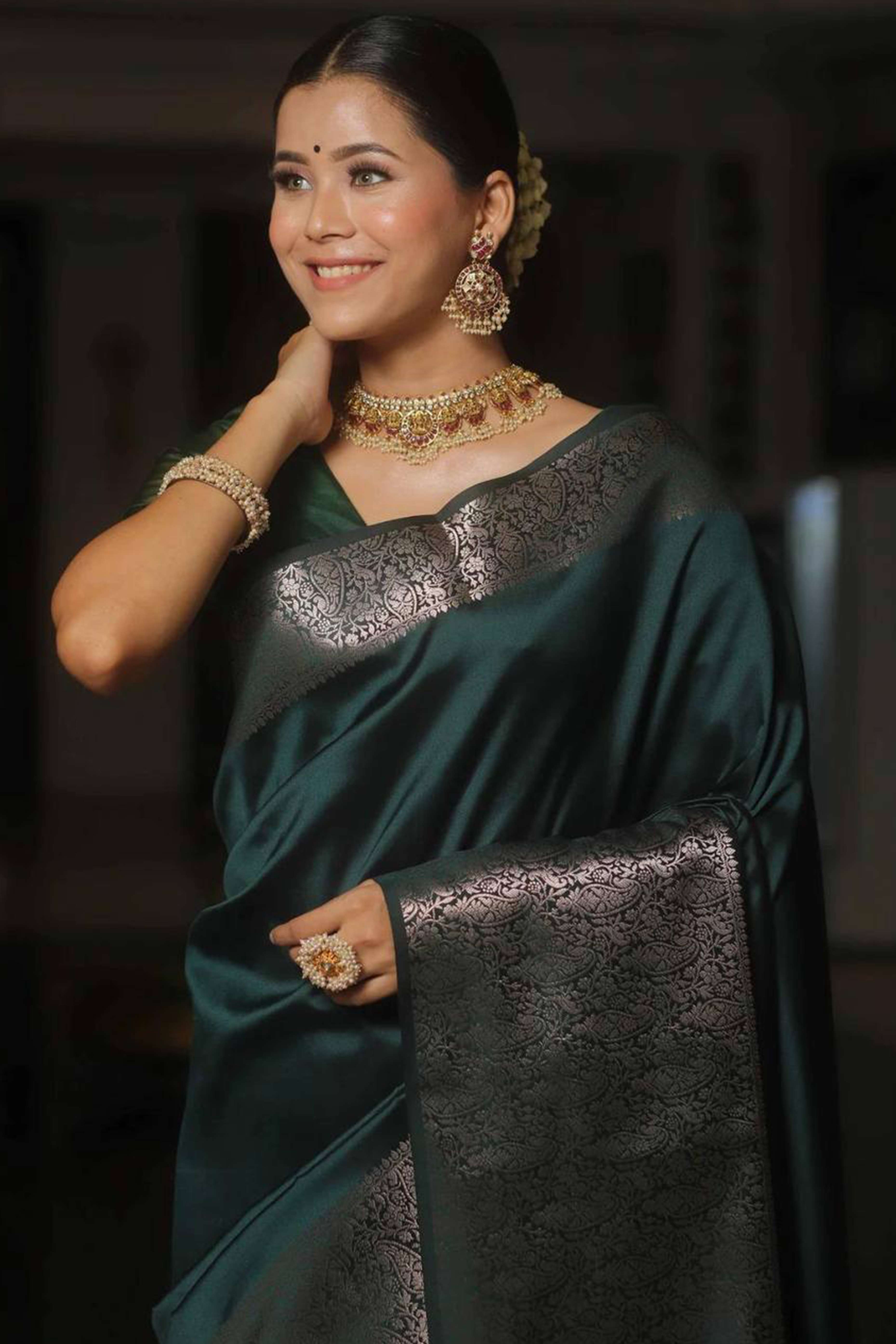 Green Floral Woven Border Lichi Banarasi Silk Saree