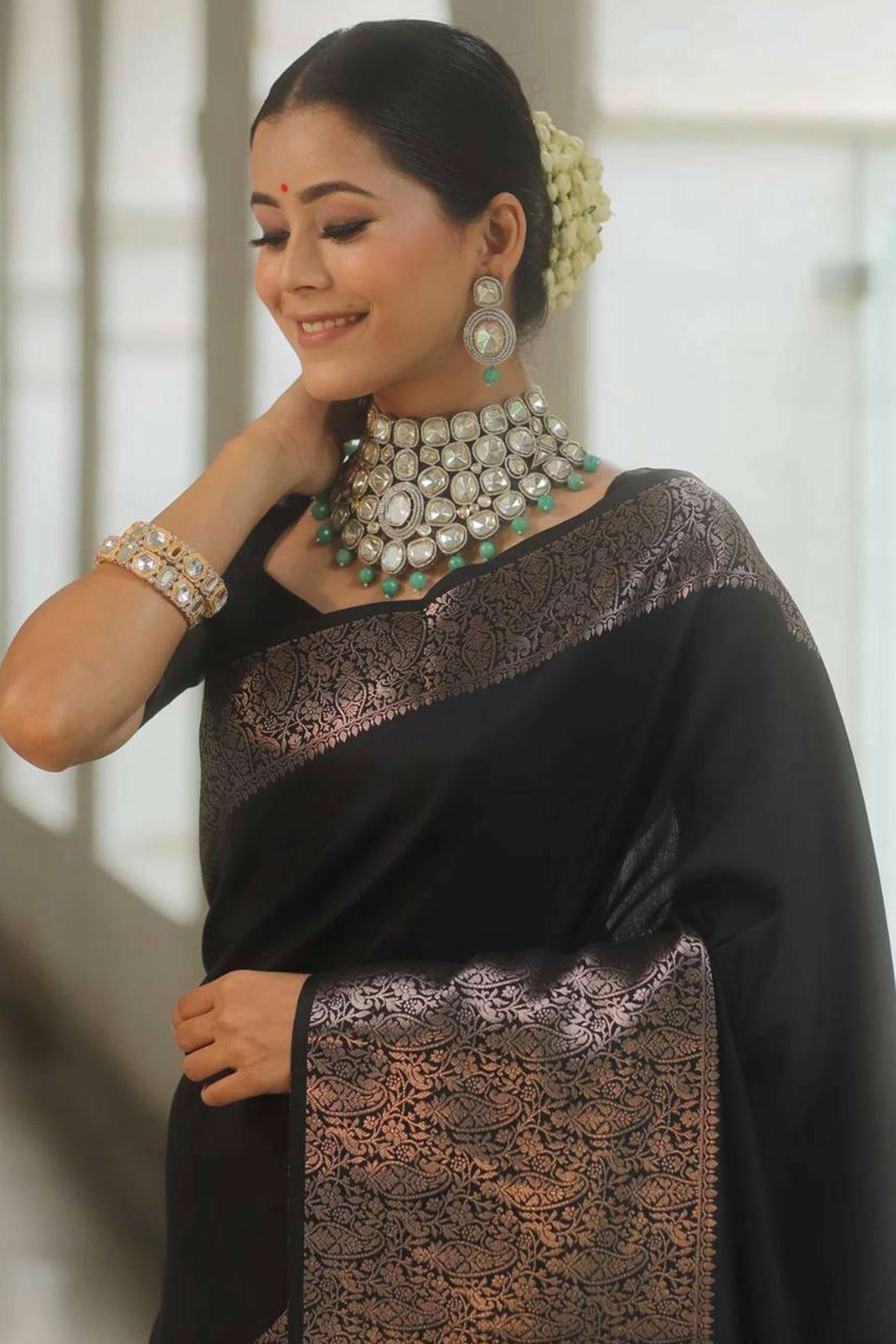 Black Floral Woven Border Lichi Banarasi Silk Saree