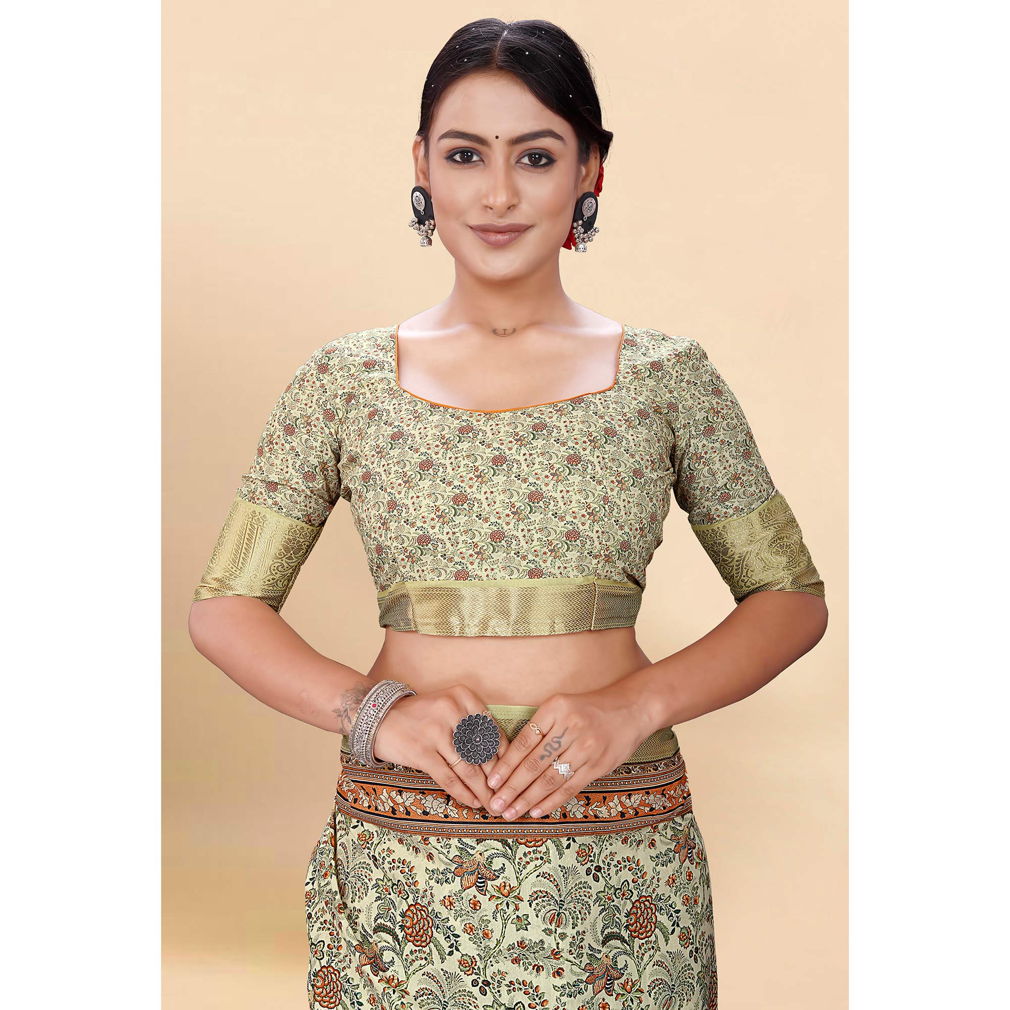 Light Yellow Floral Digital Printed Pure Cotton Saree