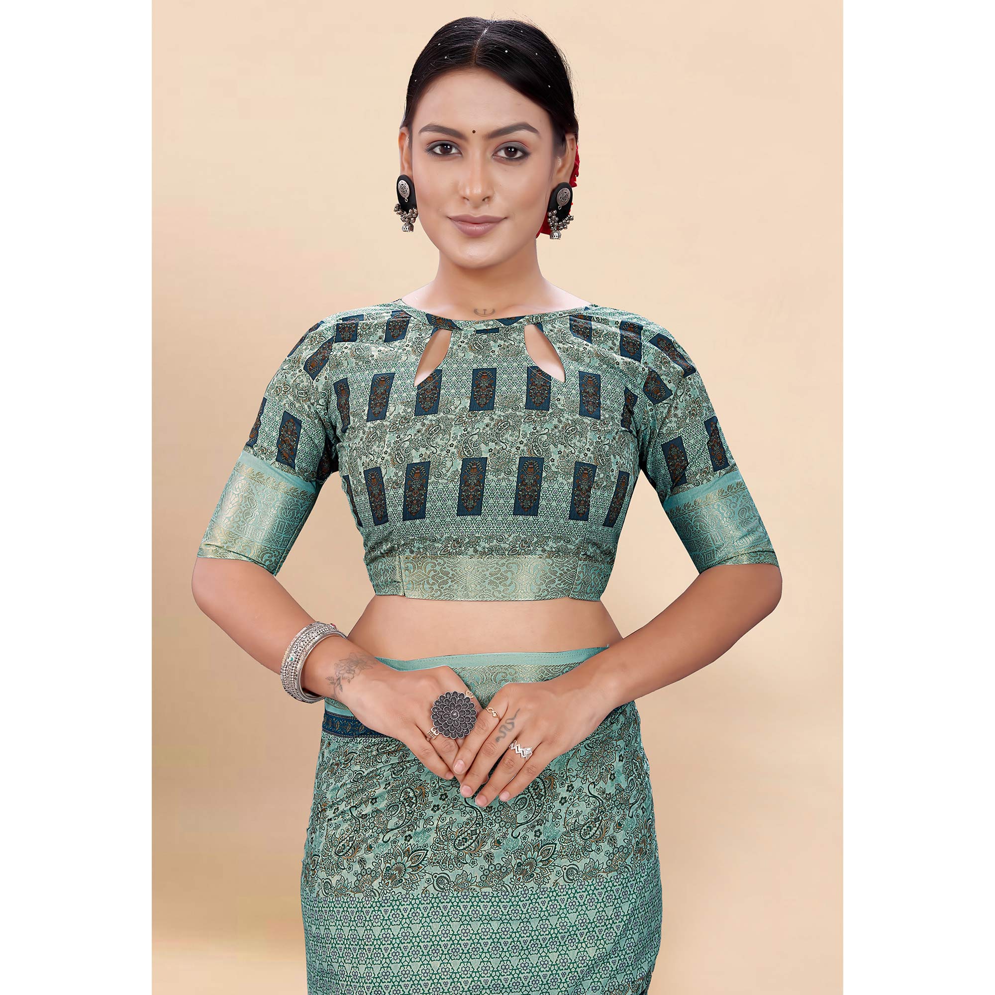 Light Pista Green Floral Digital Printed Pure Cotton Saree