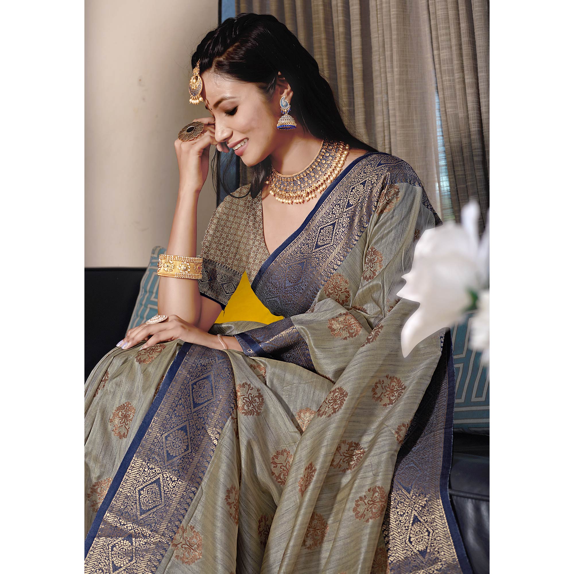 Grey Floral Woven Cotton Blend Saree