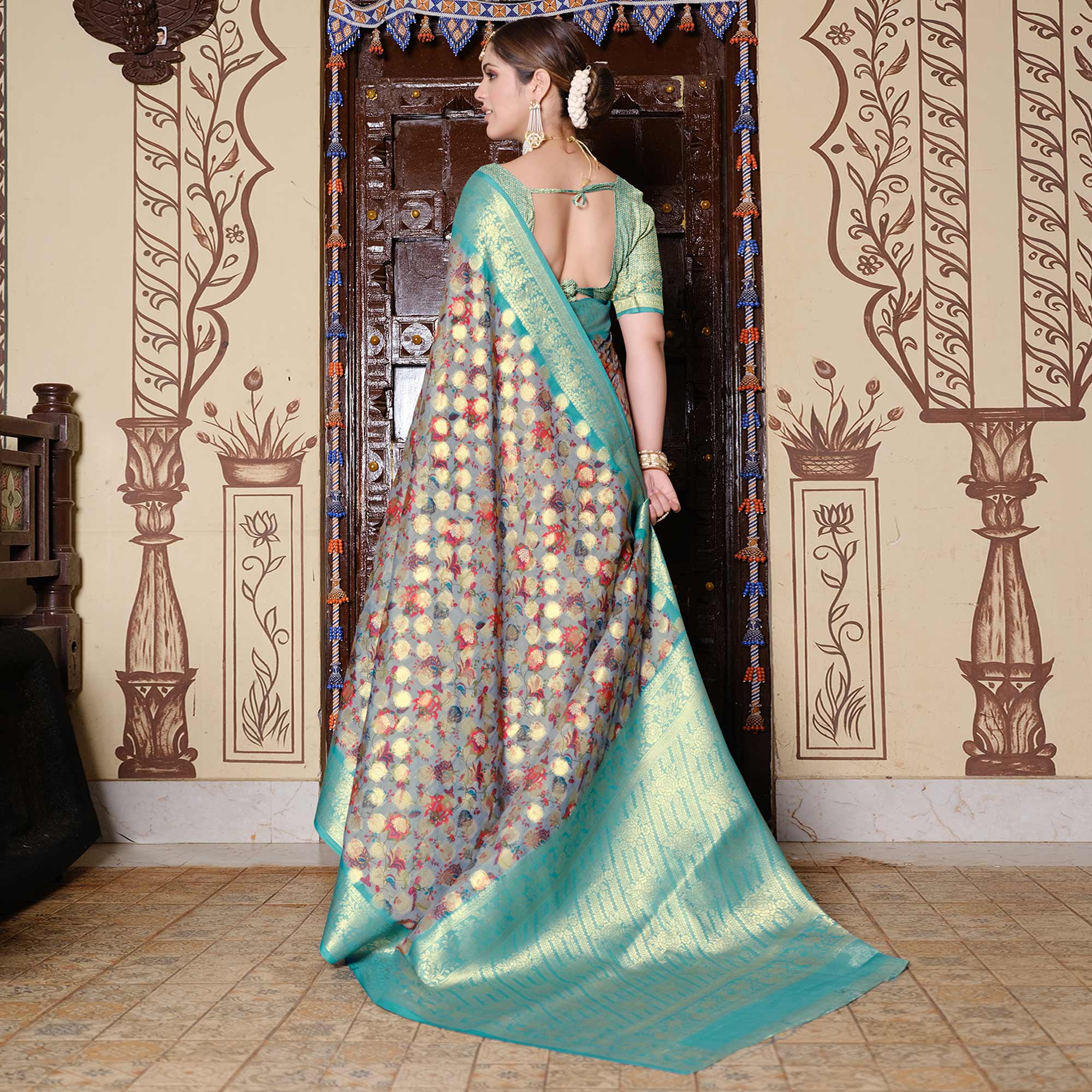 Grey & Turquoise Floral Printed Pure Cotton Saree