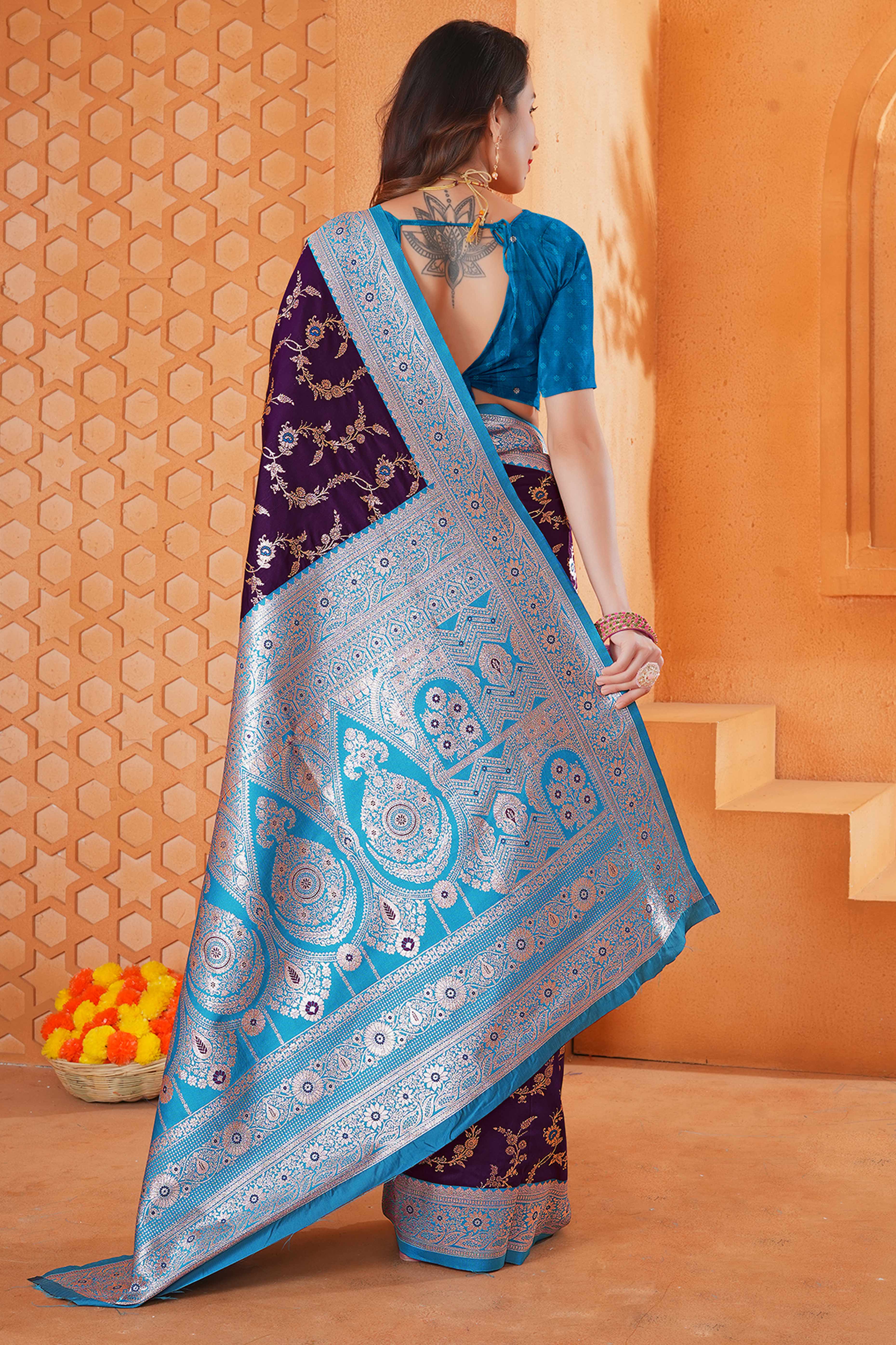 Dark Purple Art Silk Saree With Intricate Floral Banarasi Zari Weaving