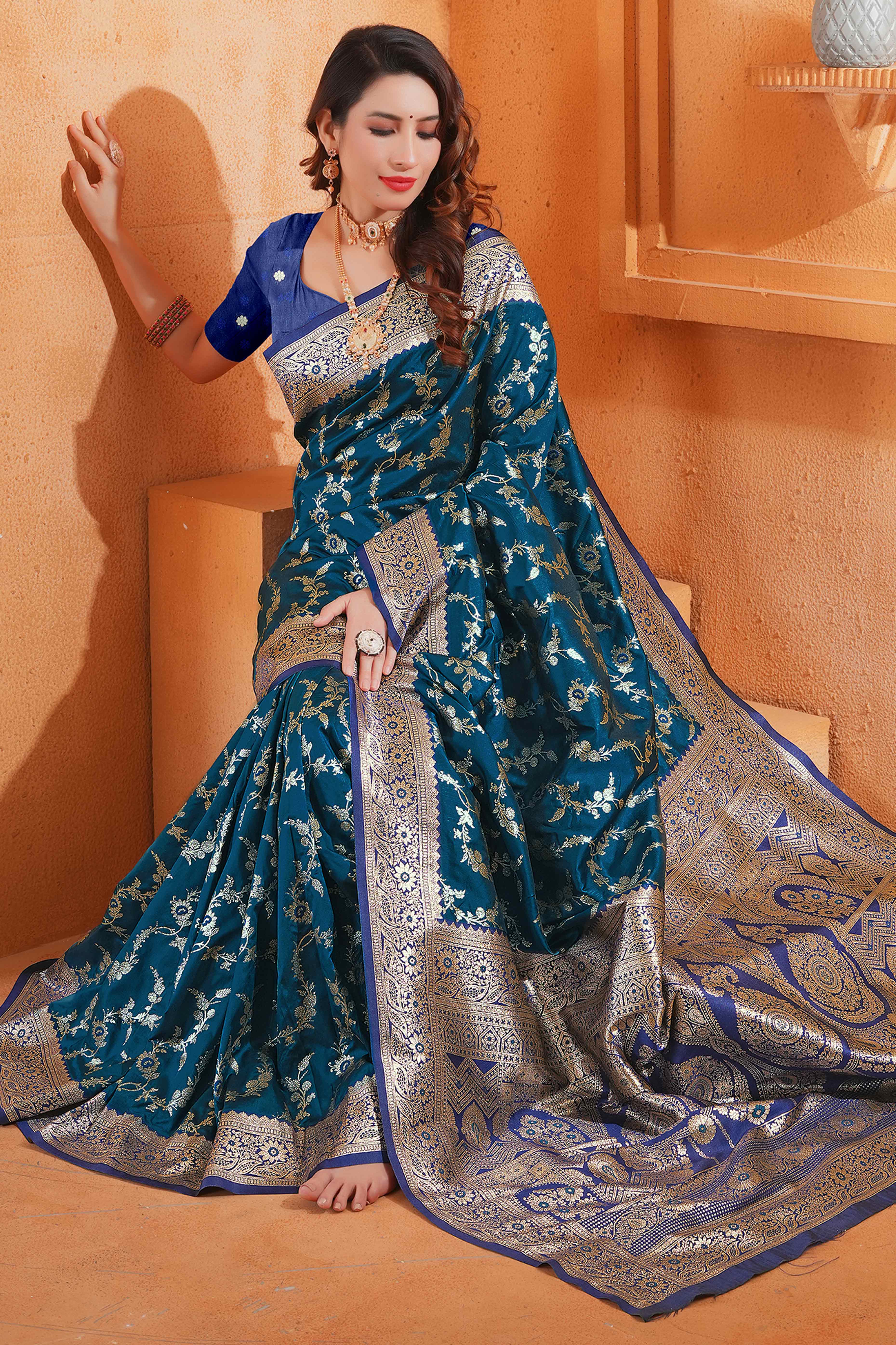 Teal Art Silk Saree With Intricate Floral Banarasi Zari Weaving