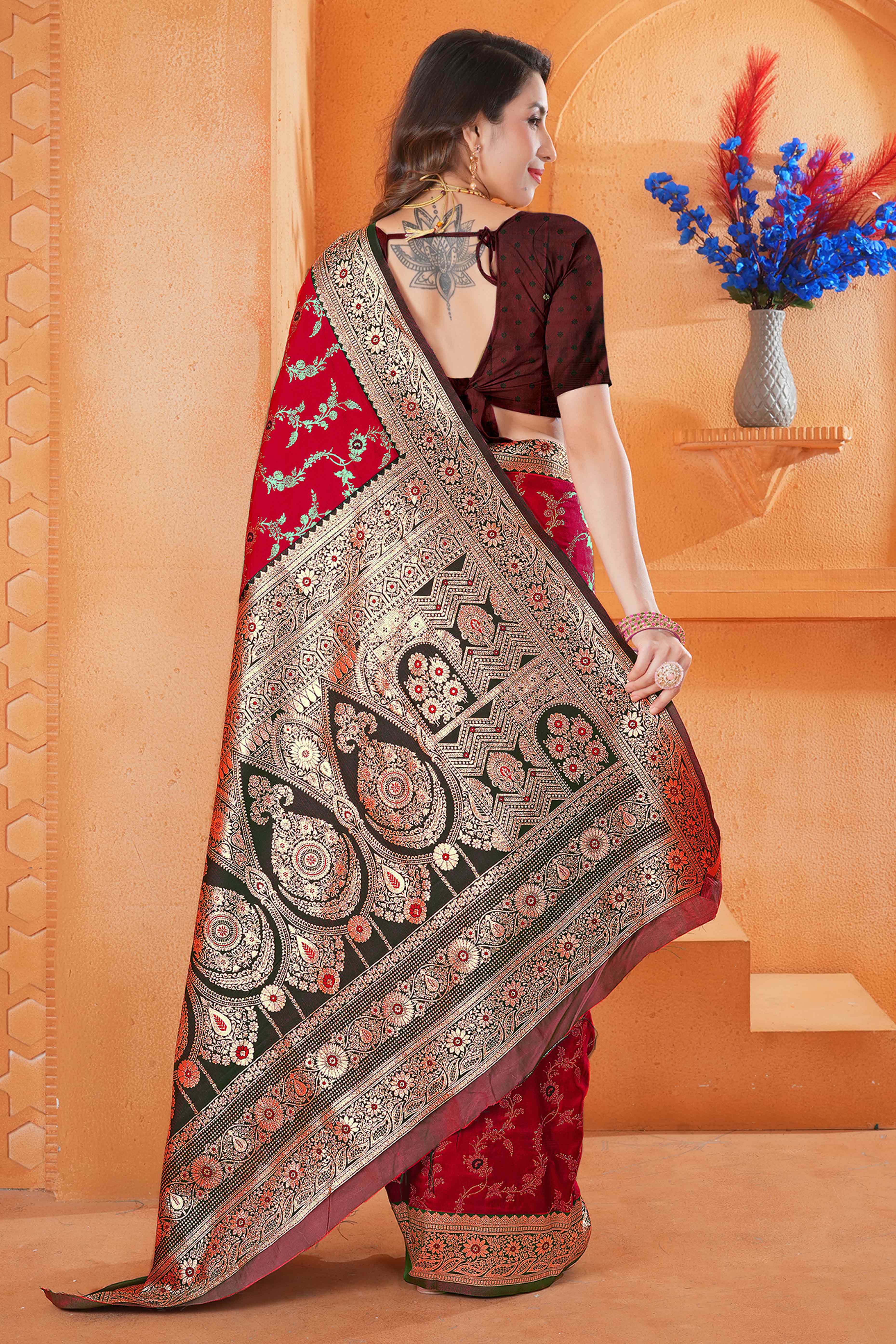 Red Art Silk Saree With Intricate Floral Banarasi Zari Weaving