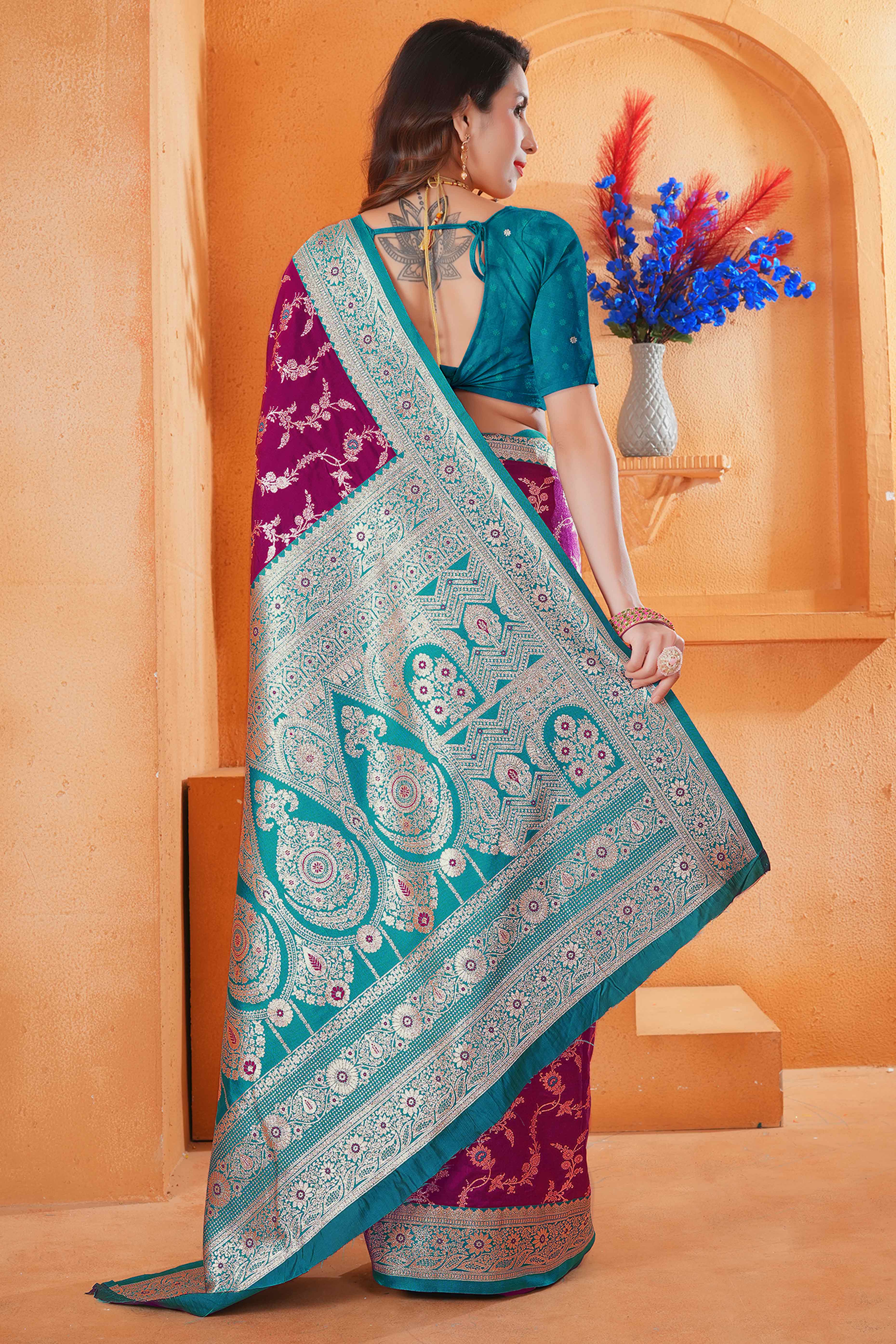 Dark Magenta Art Silk Saree With Intricate Floral Banarasi Zari Weaving