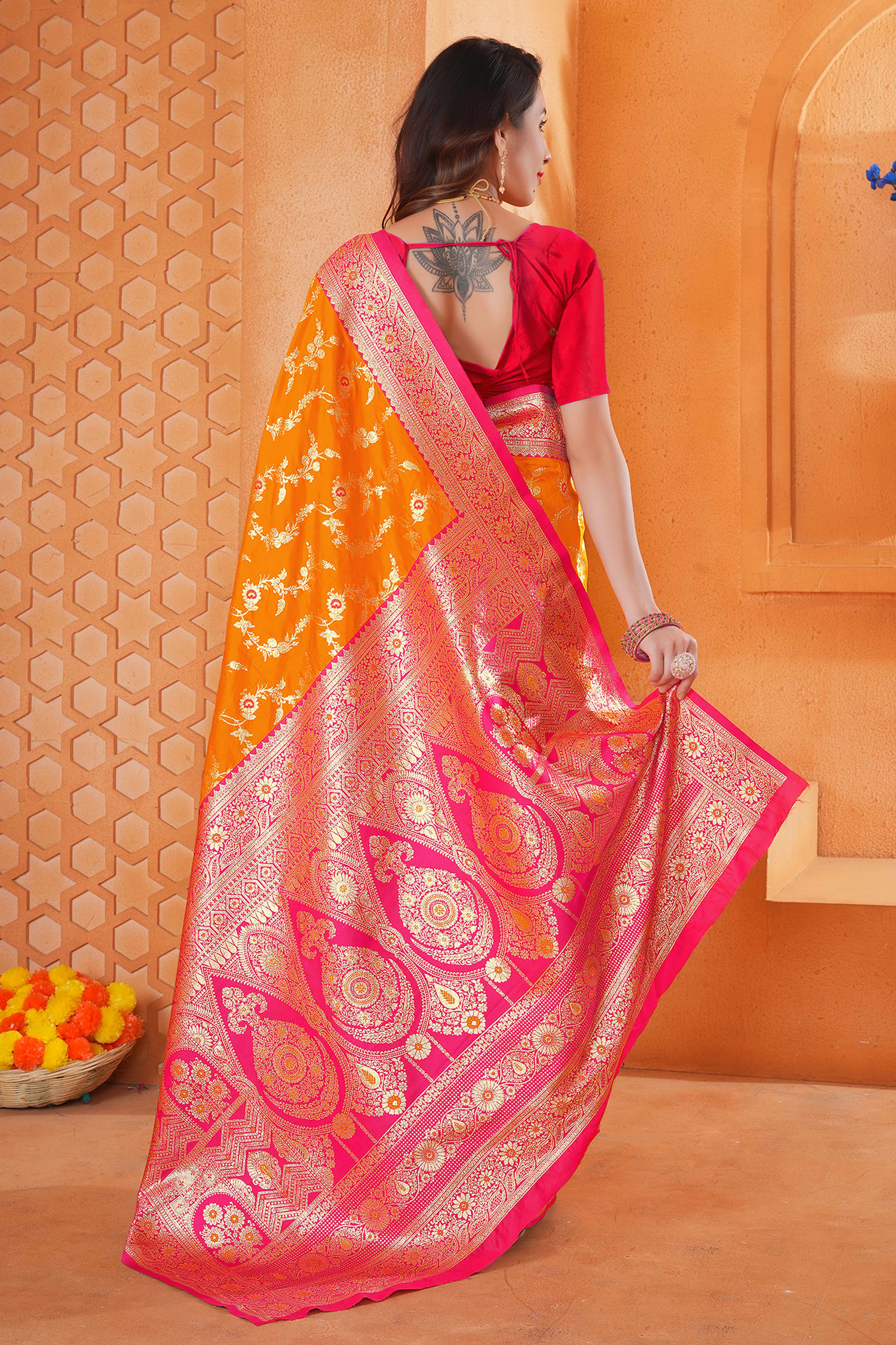 Orange Art Silk Saree With Intricate Floral Banarasi Zari Weaving