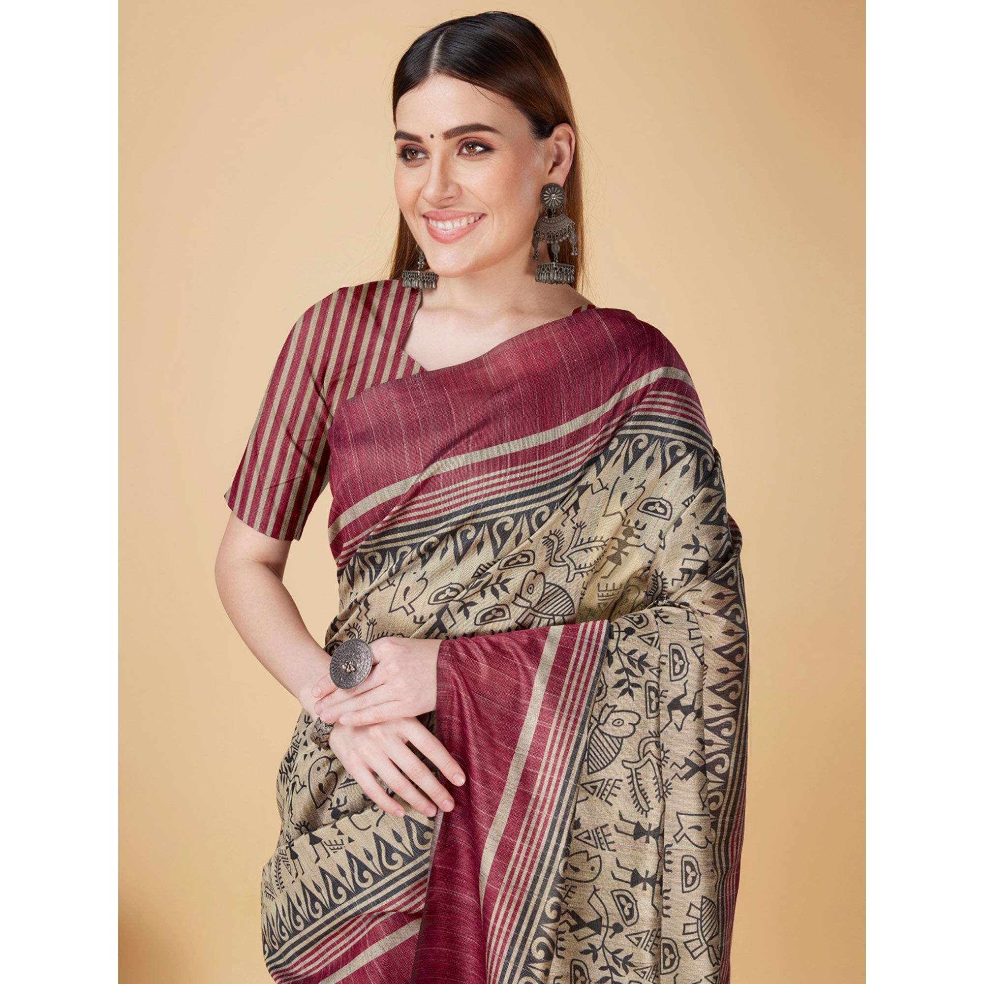 Chikoo & Maroon Printed Bhagalpuri Silk Saree With Tassels