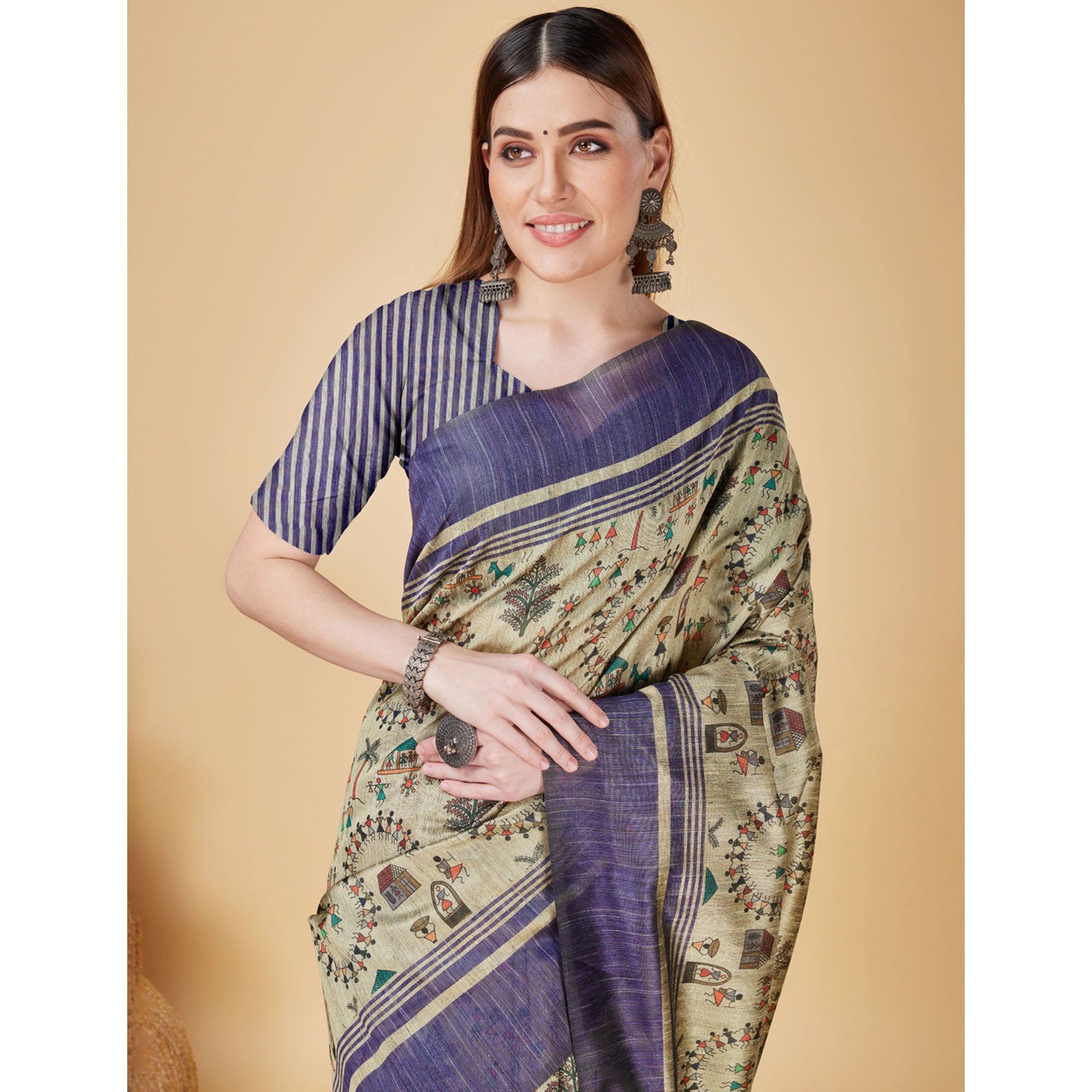 Chikoo & Blue Printed Bhagalpuri Silk Saree With Tassels