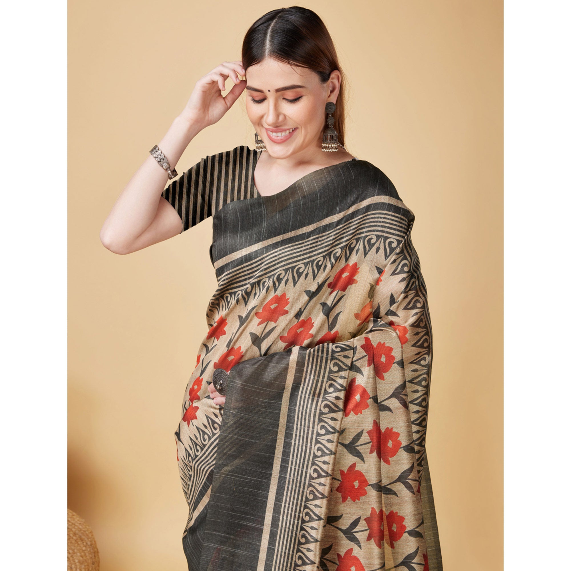 Beige & Black Floral Bhagalpuri Silk Saree With Tassels