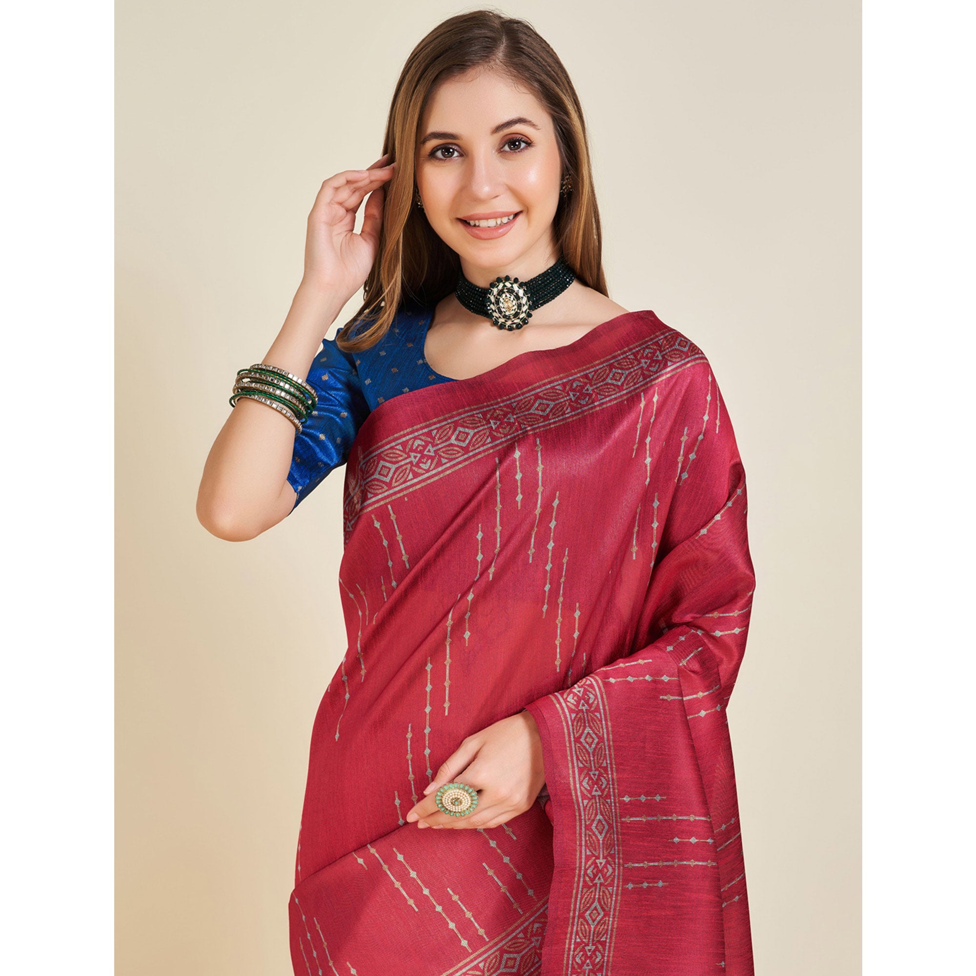 Red Digital Printed Bhagalpuri Silk Saree With Tassels