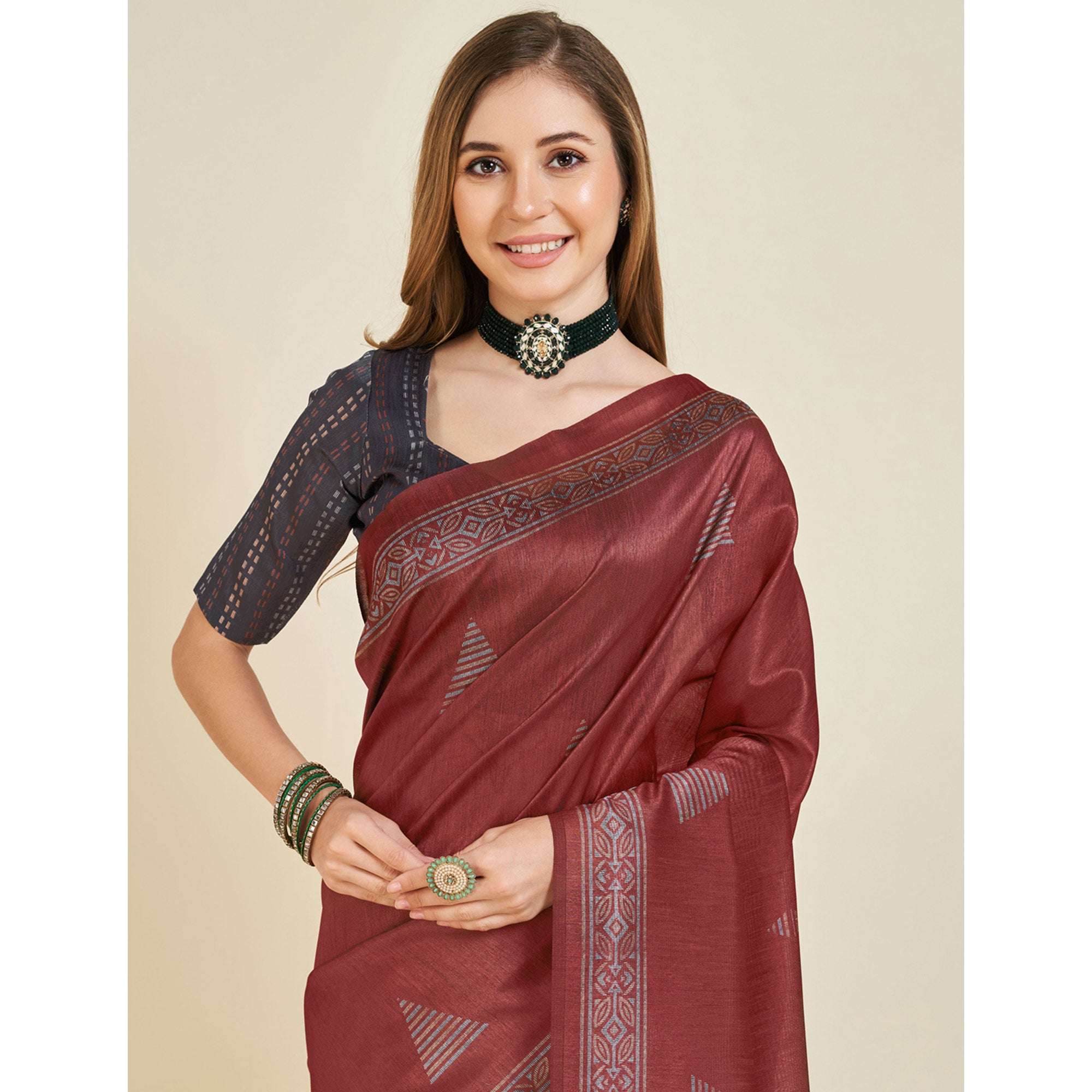 Maroon Digital Printed Bhagalpuri Silk Saree With Tassels