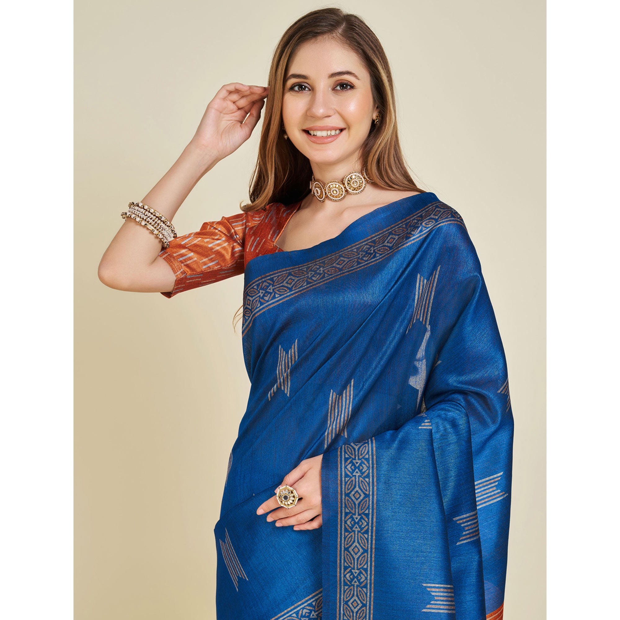 Blue Digital Printed Bhagalpuri Silk Saree With Tassels