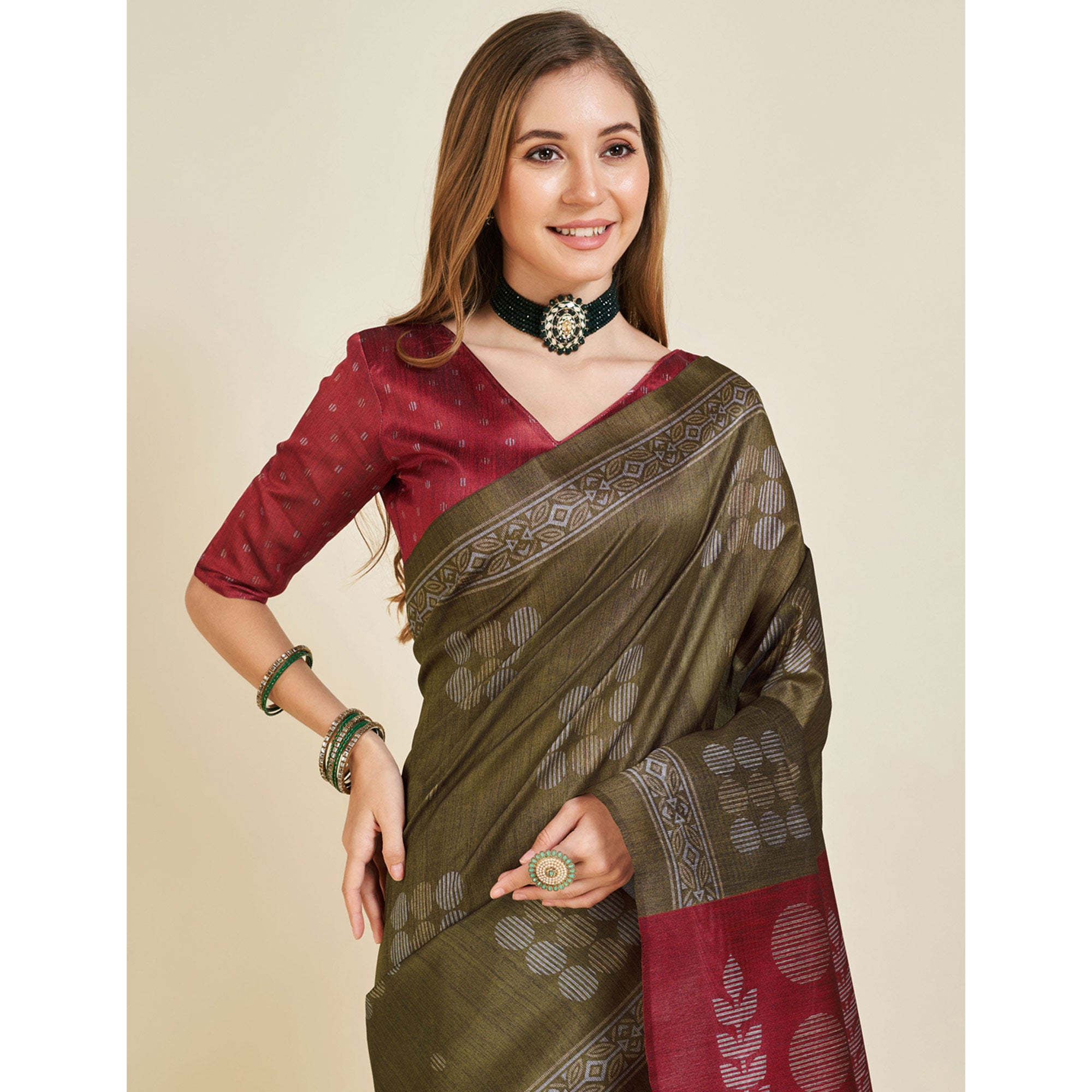 Mehendi Green Digital Printed Bhagalpuri Silk Saree With Tassels