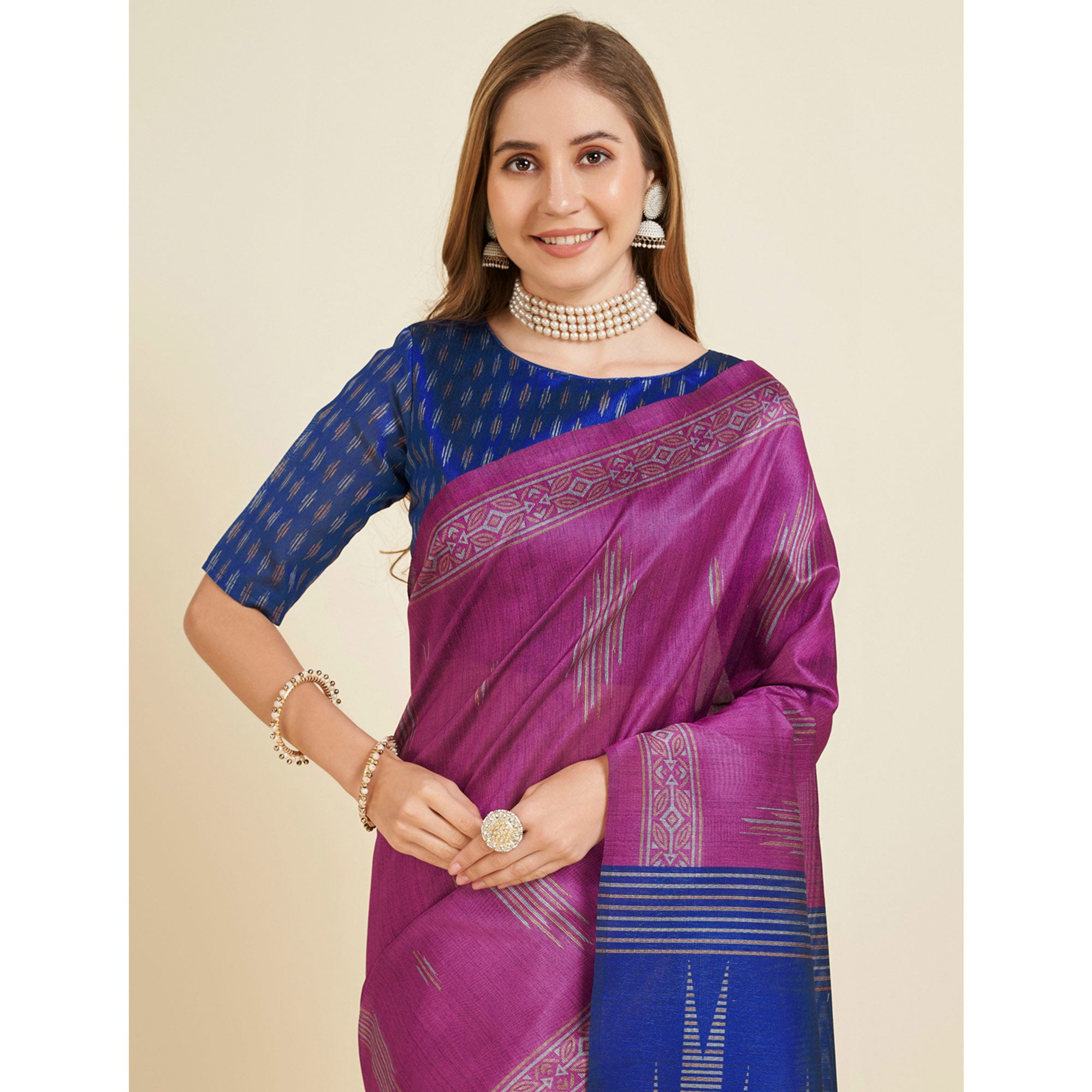 Rani Pink Digital Printed Bhagalpuri Silk Saree With Tassels