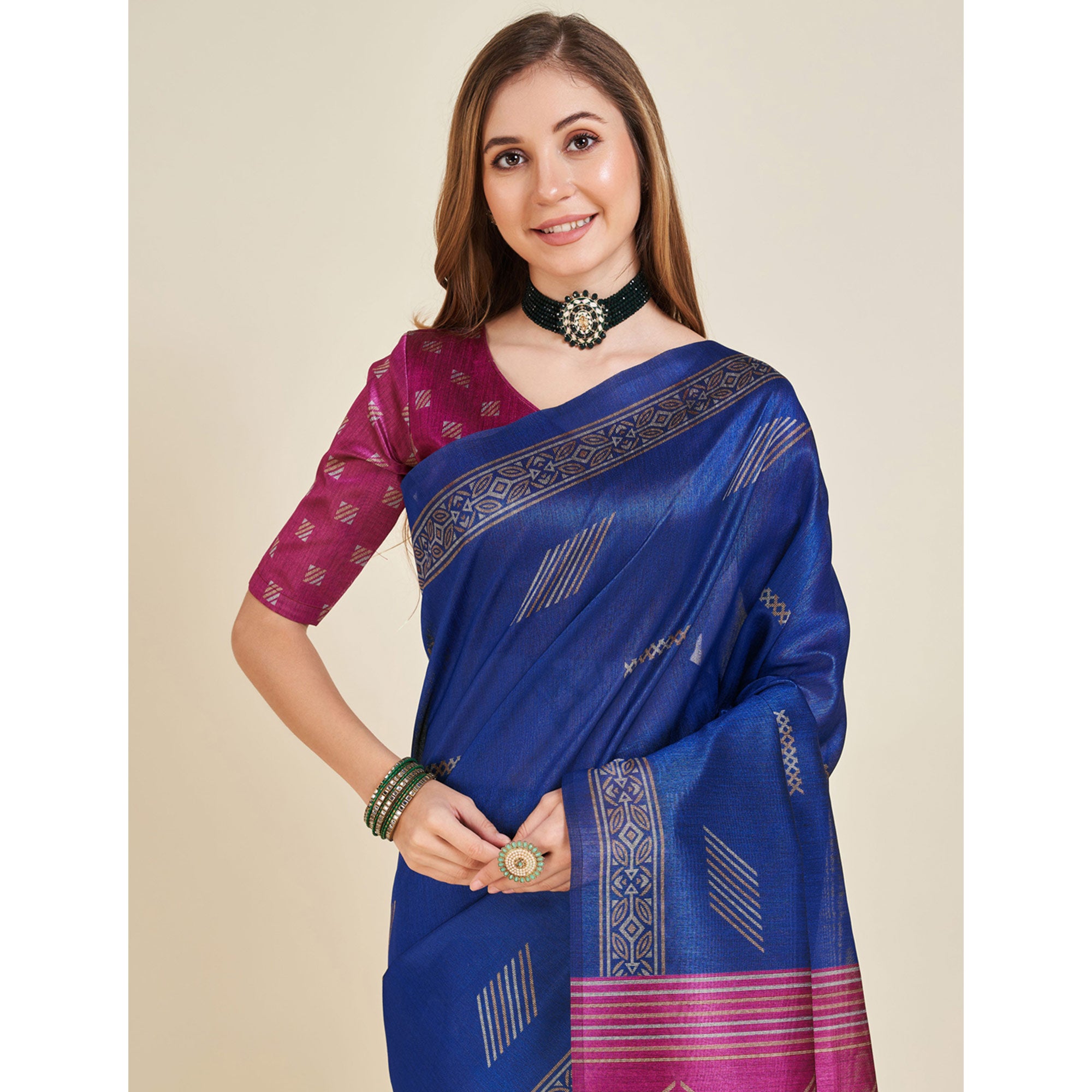 Blue & Rani Pink Digital Printed Bhagalpuri Silk Saree With Tassels