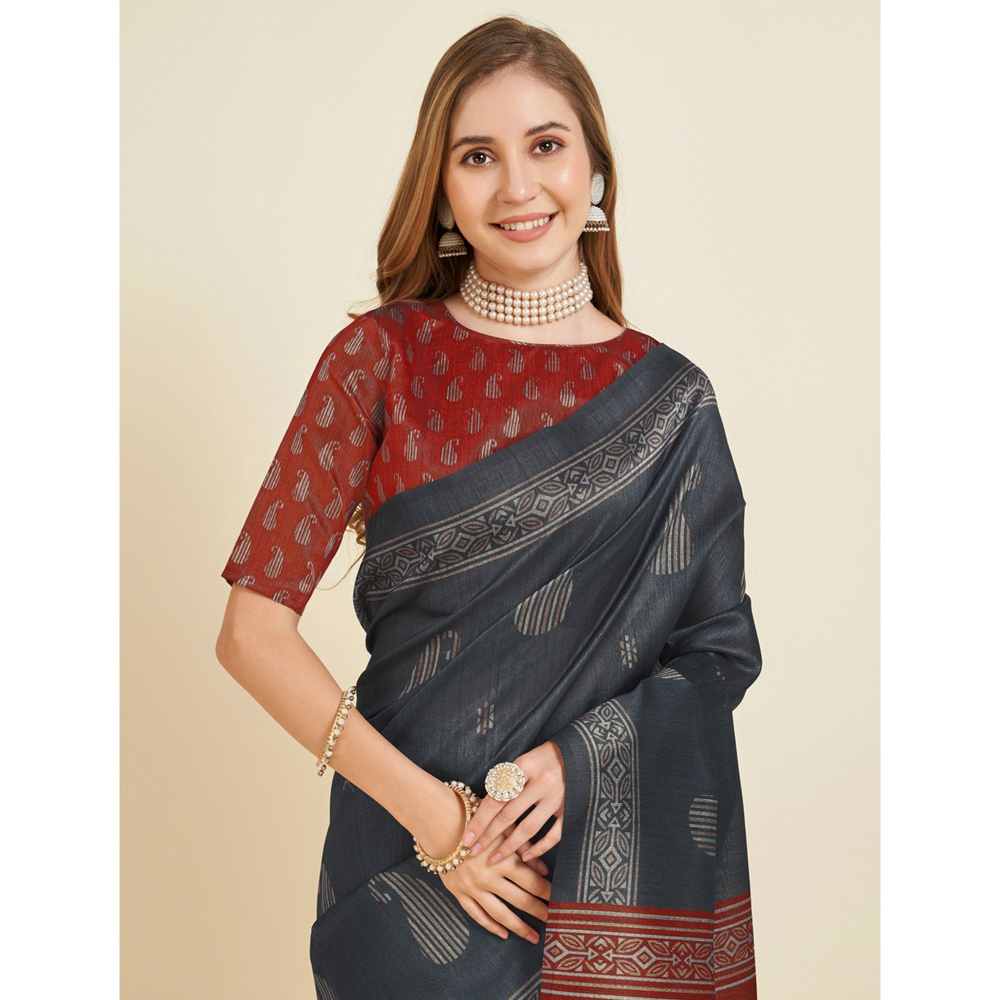 Grey Digital Printed Bhagalpuri Silk Saree With Tassels