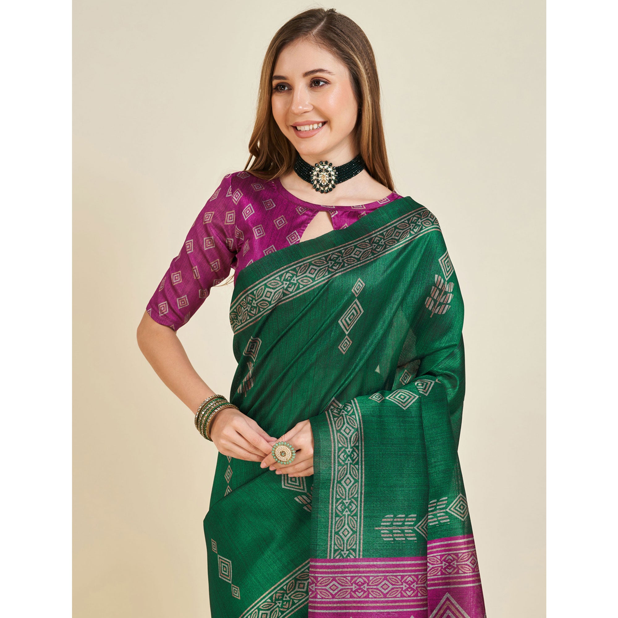 Green Digital Printed Bhagalpuri Silk Saree With Tassels