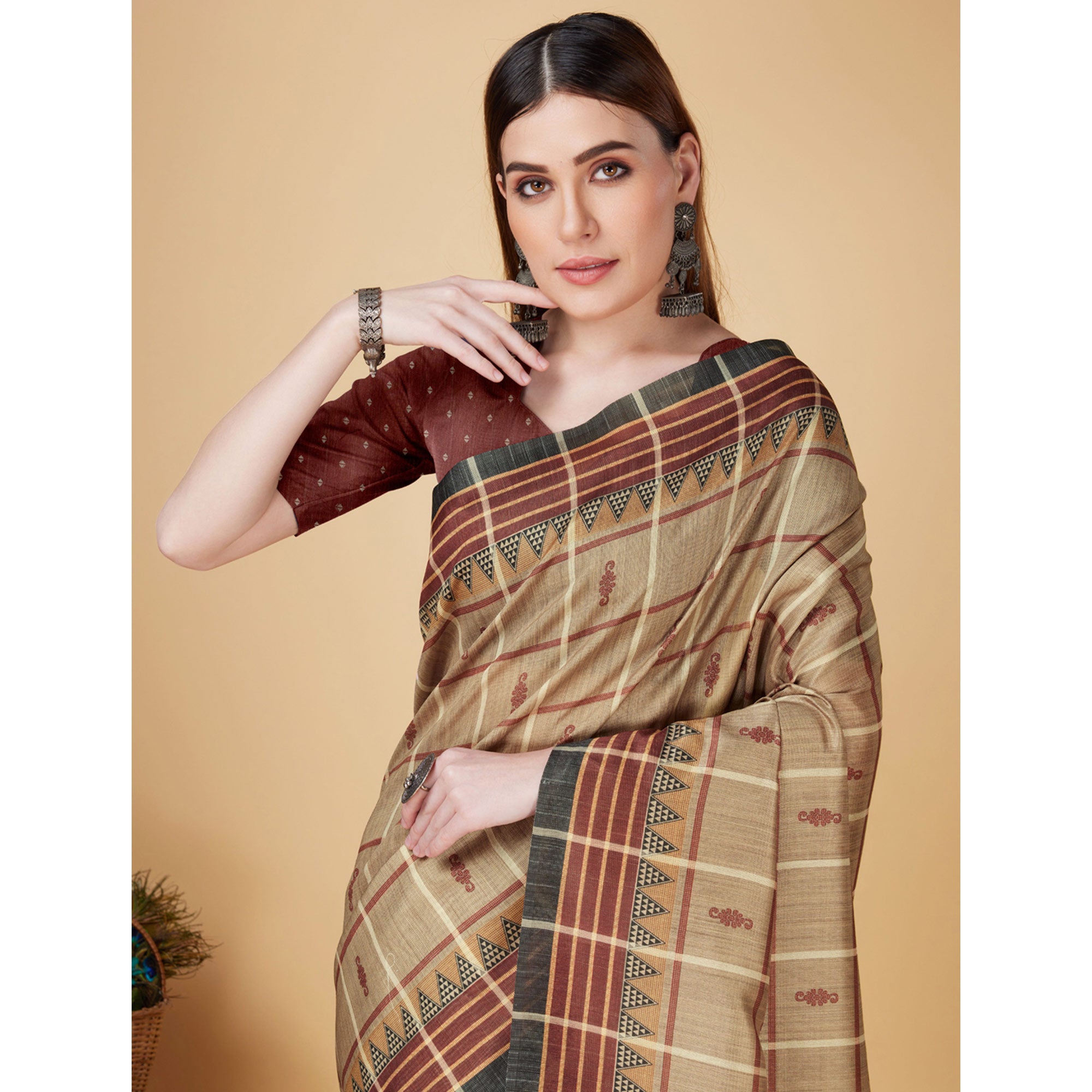 Beige Digital Printed Cotton Silk Saree With Tassels
