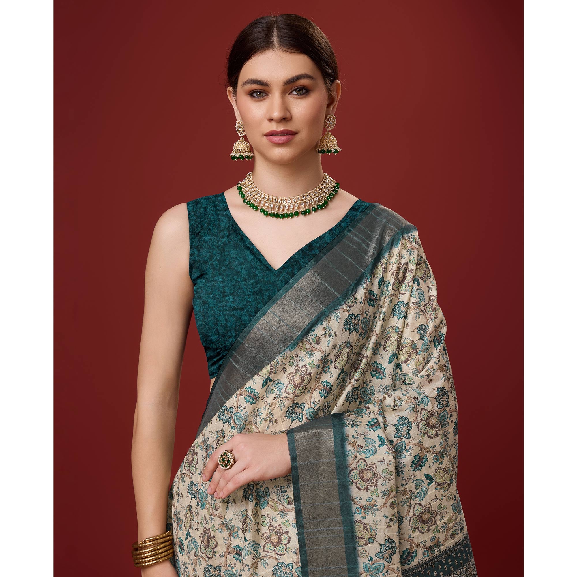 Dusty Cream Digital Printed Cotton Silk Saree