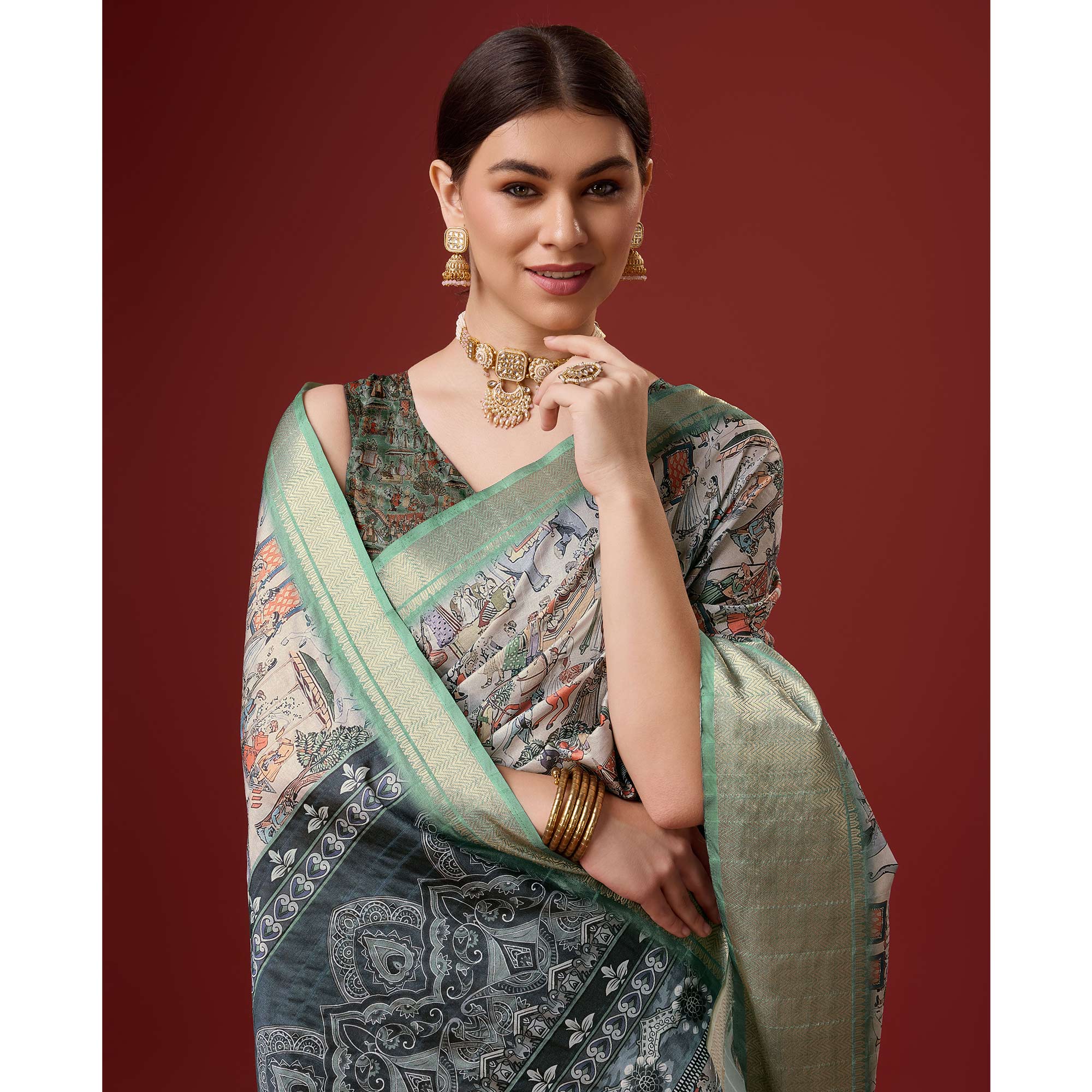 Ash Grey Digital Printed Cotton Silk Saree