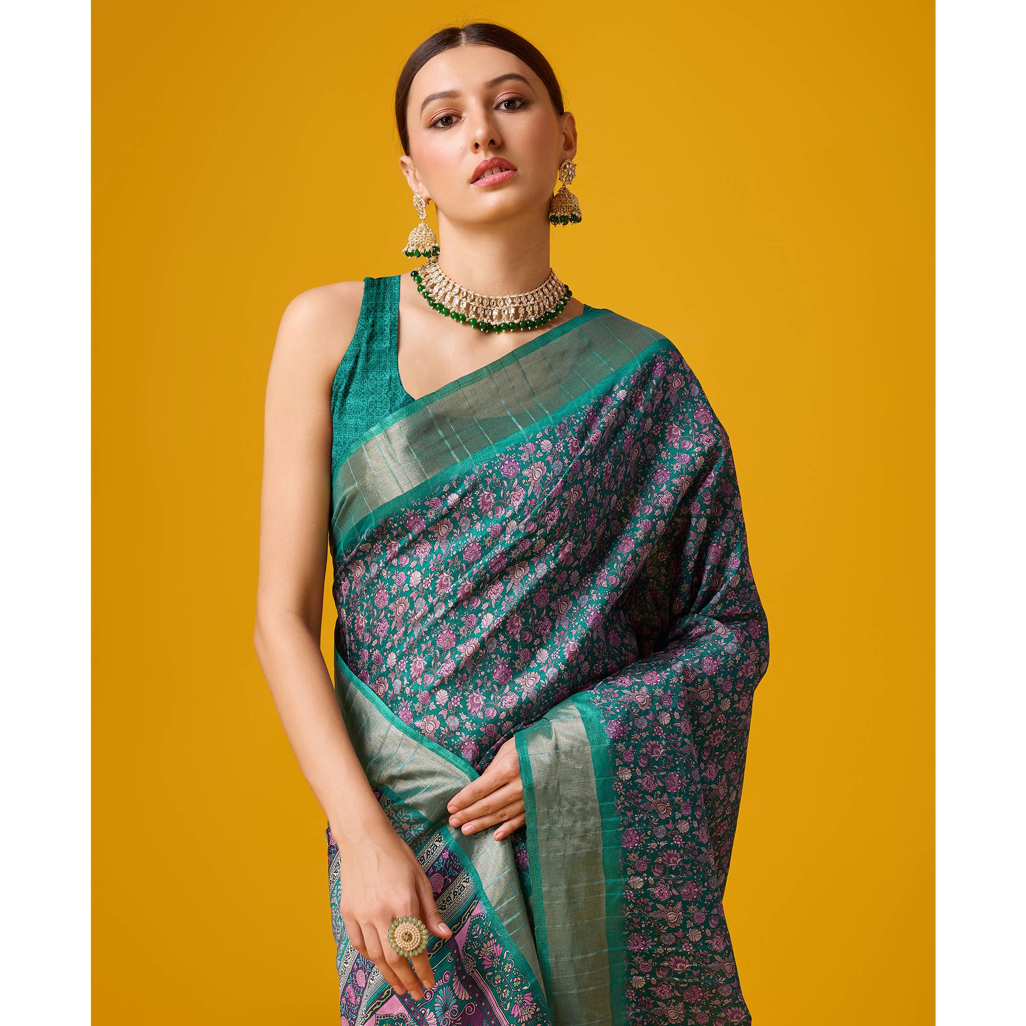 Rama Green Digital Printed Cotton Silk Saree