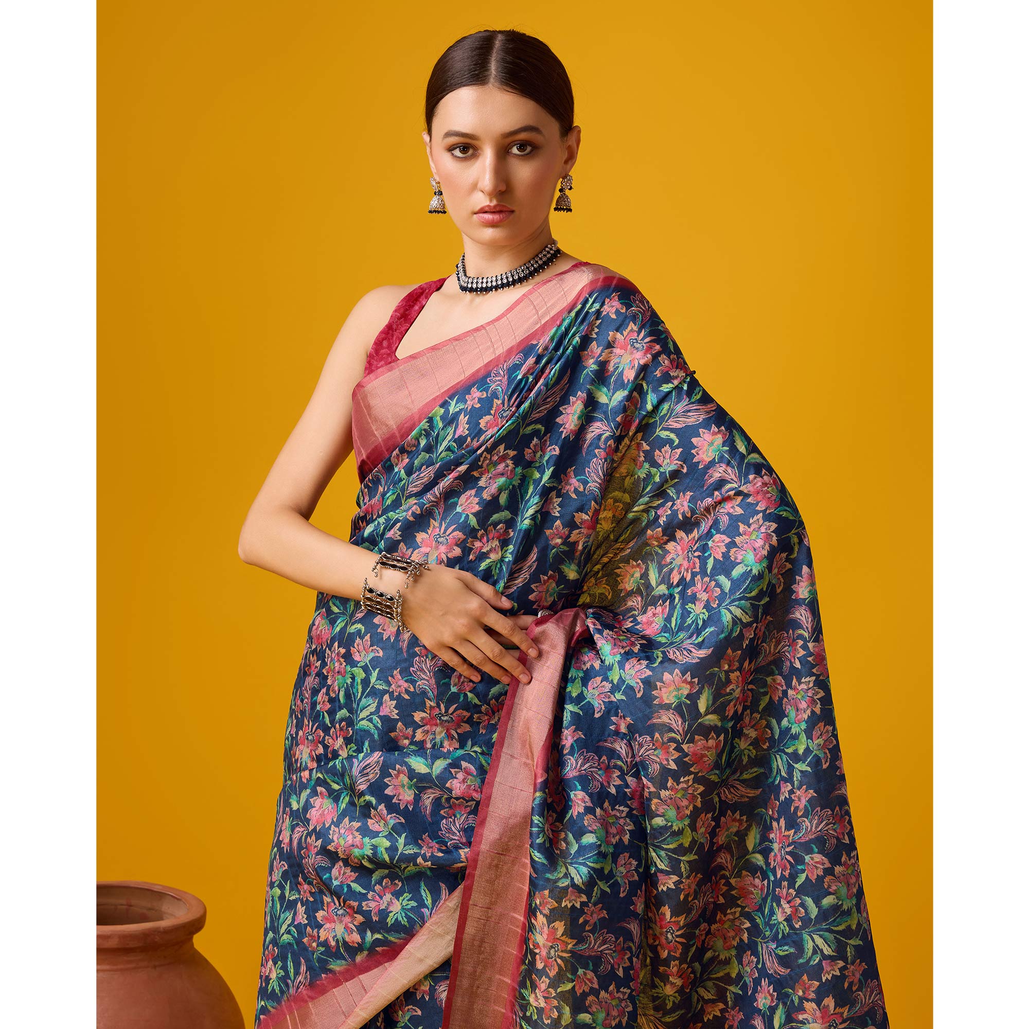 Navy Blue Digital Printed Cotton Silk Saree