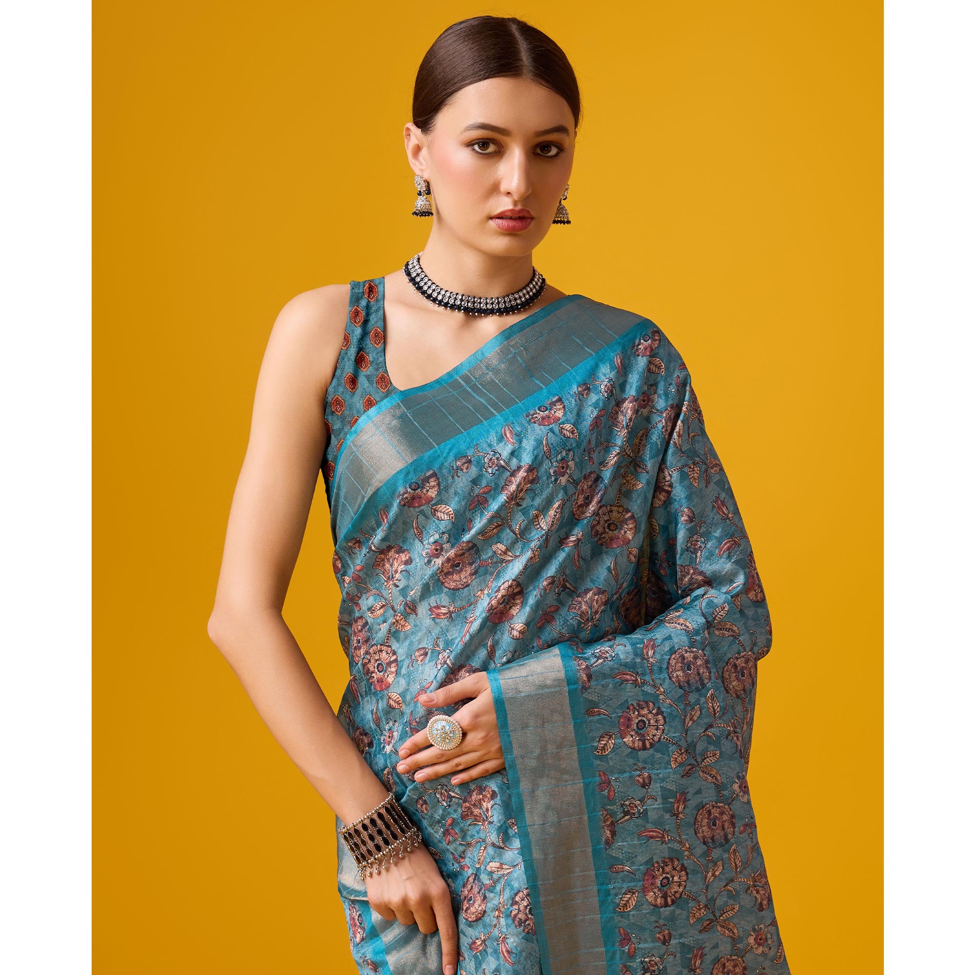 Sky Blue Digital Printed Cotton Silk Saree