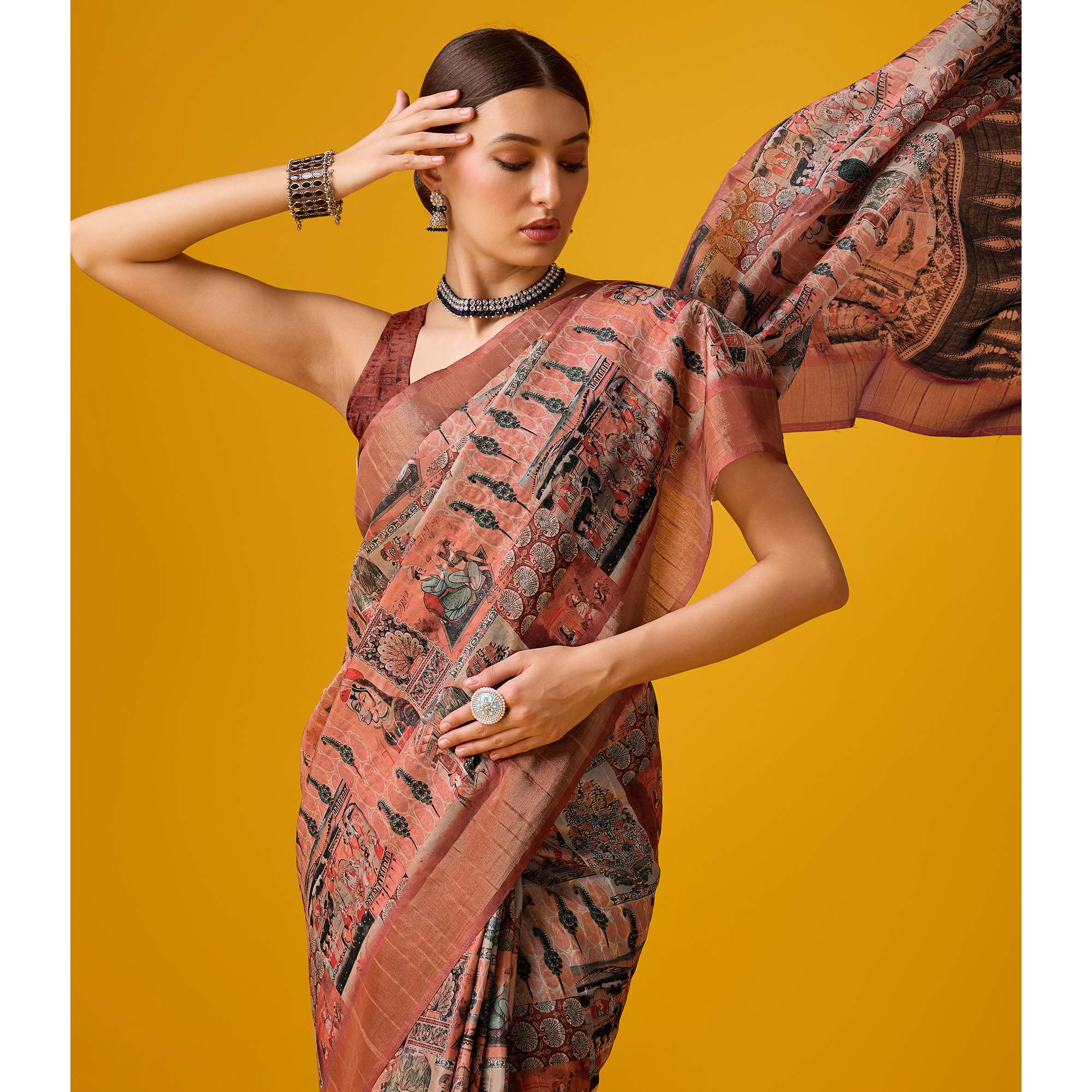 Peach Digital Printed Cotton Silk Saree