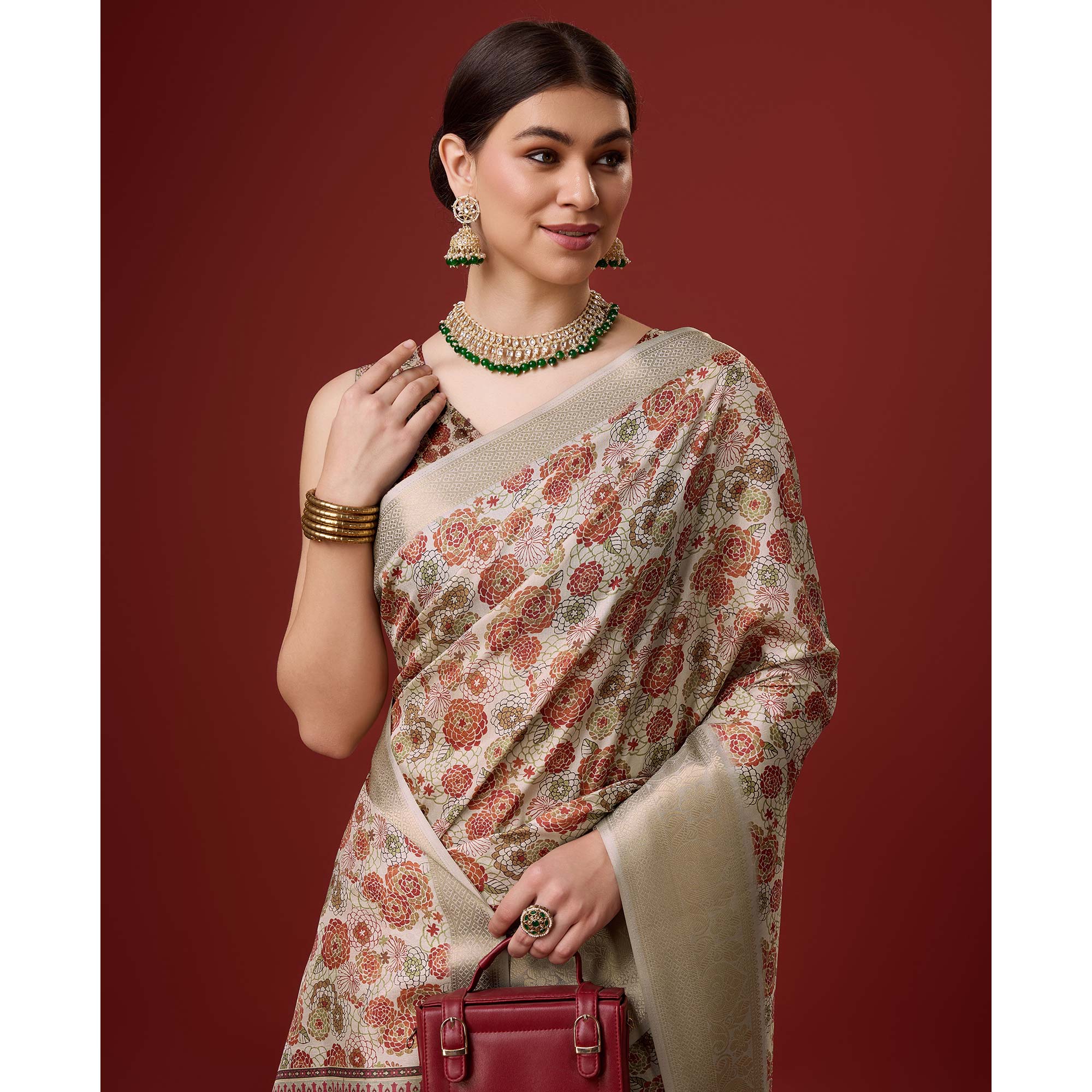 Beige Digital Printed Cotton Silk Saree With Border