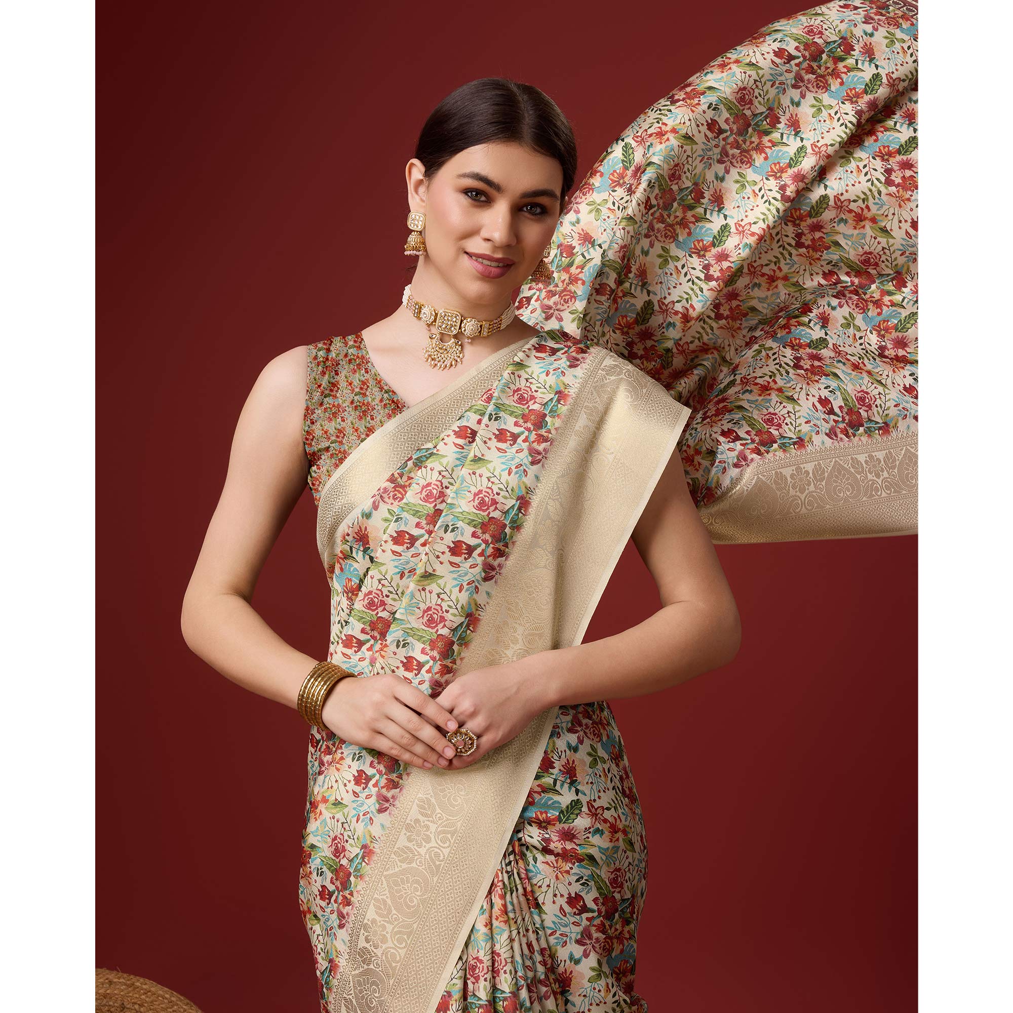 Beige Digital Printed Cotton Silk Saree With Border