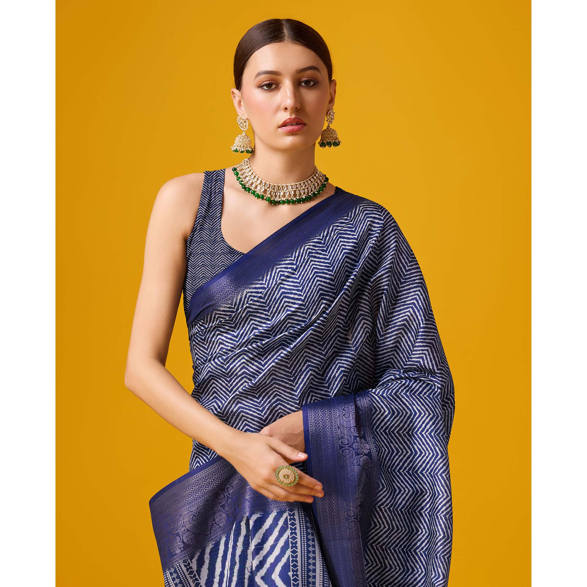 Blue Digital Printed Cotton Silk Saree With Border