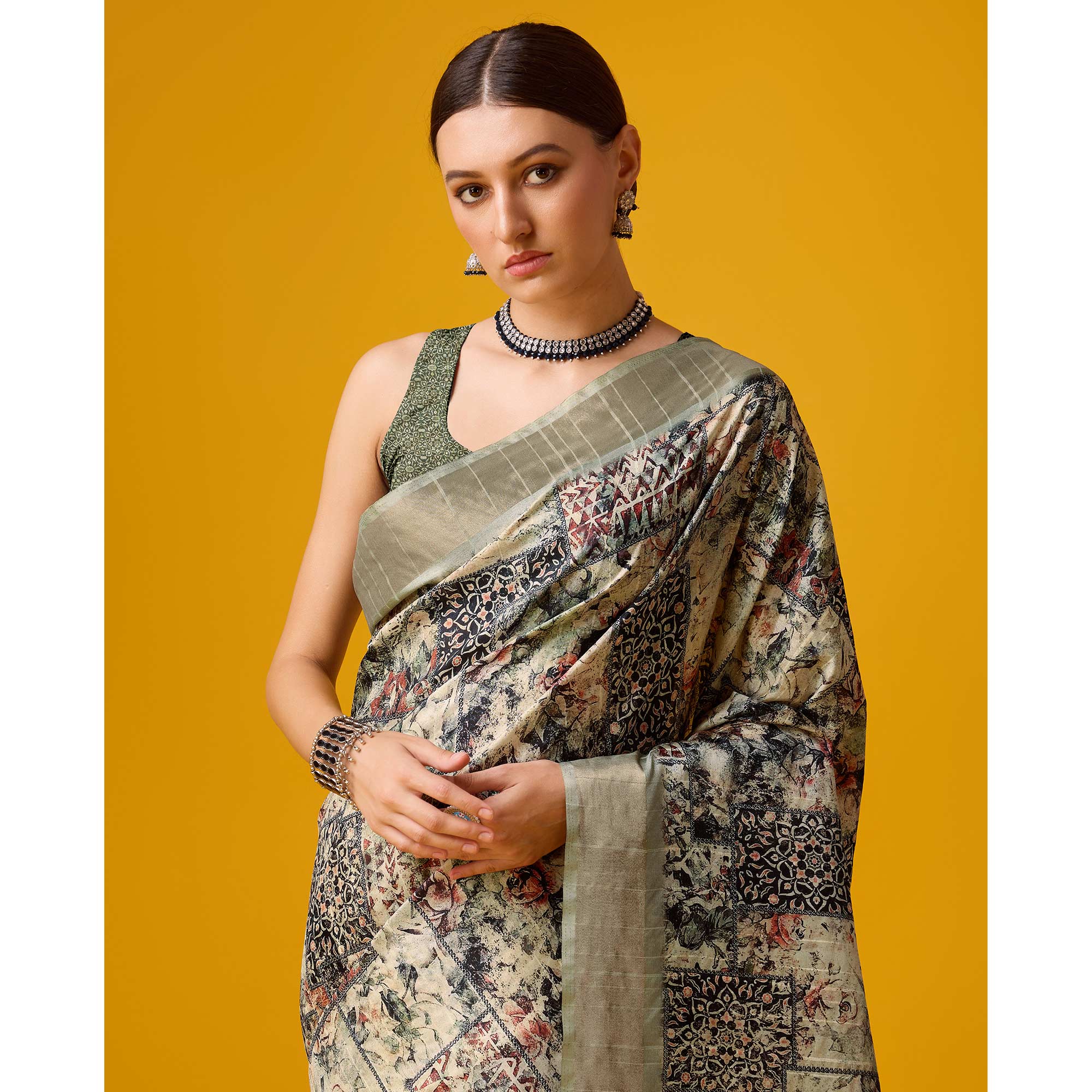Beige Digital Printed Cotton Silk Saree With Border