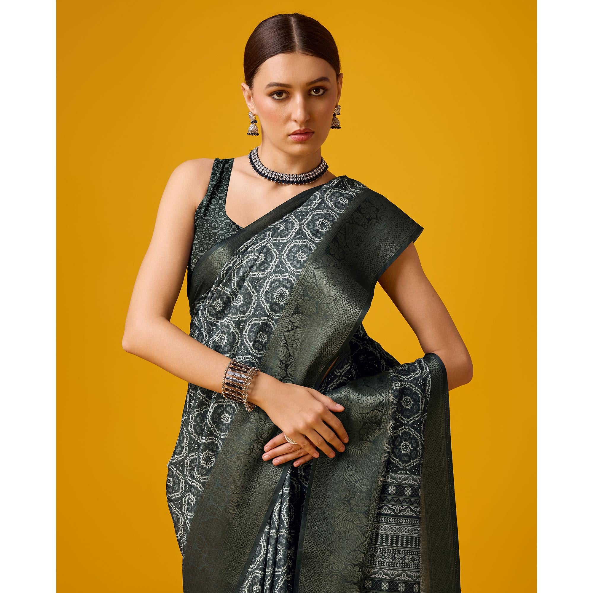 Black Digital Printed Cotton Silk Saree With Border