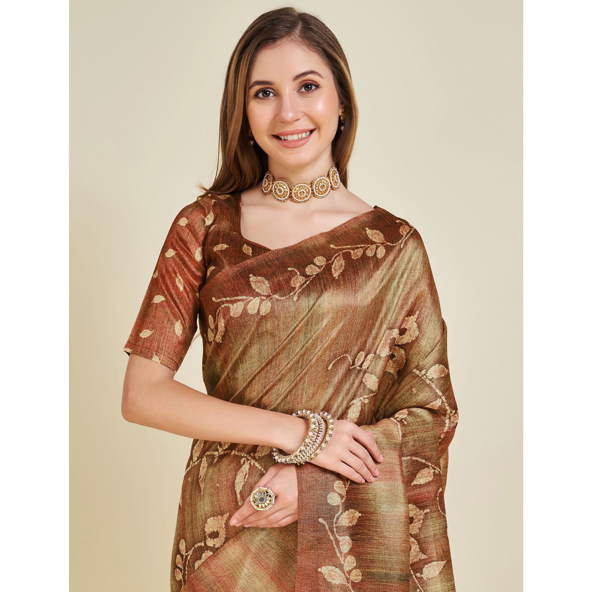 Brown Digital Printed Bhagalpuri Silk Saree With Tassels