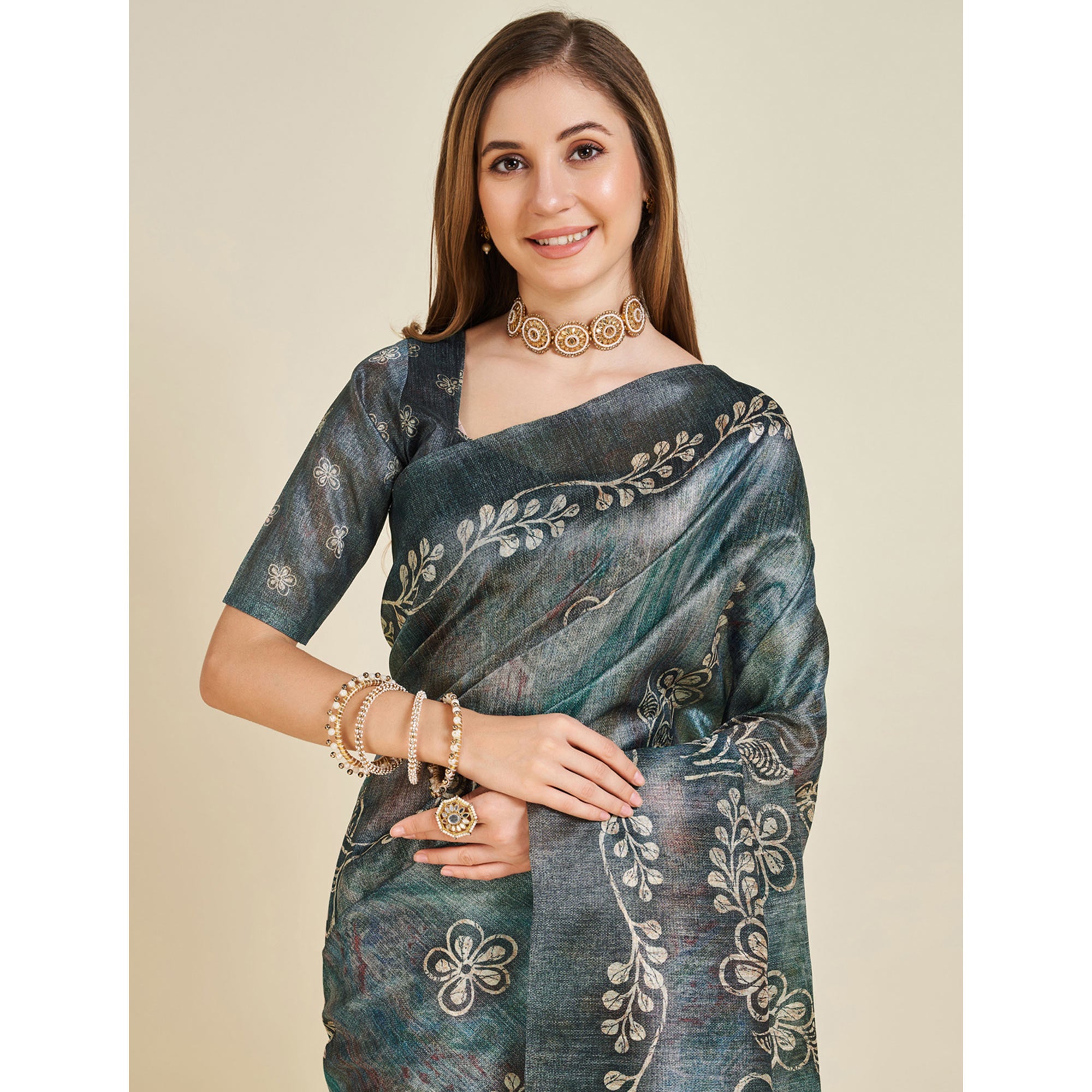 Grey Digital Printed Bhagalpuri Silk Saree With Tassels