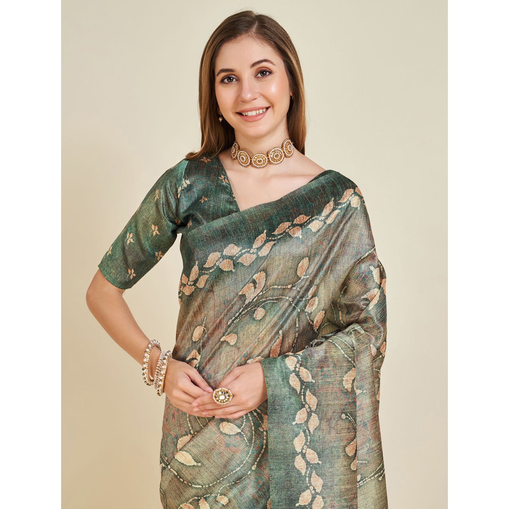 Green Digital Printed Bhagalpuri Silk Saree With Tassels