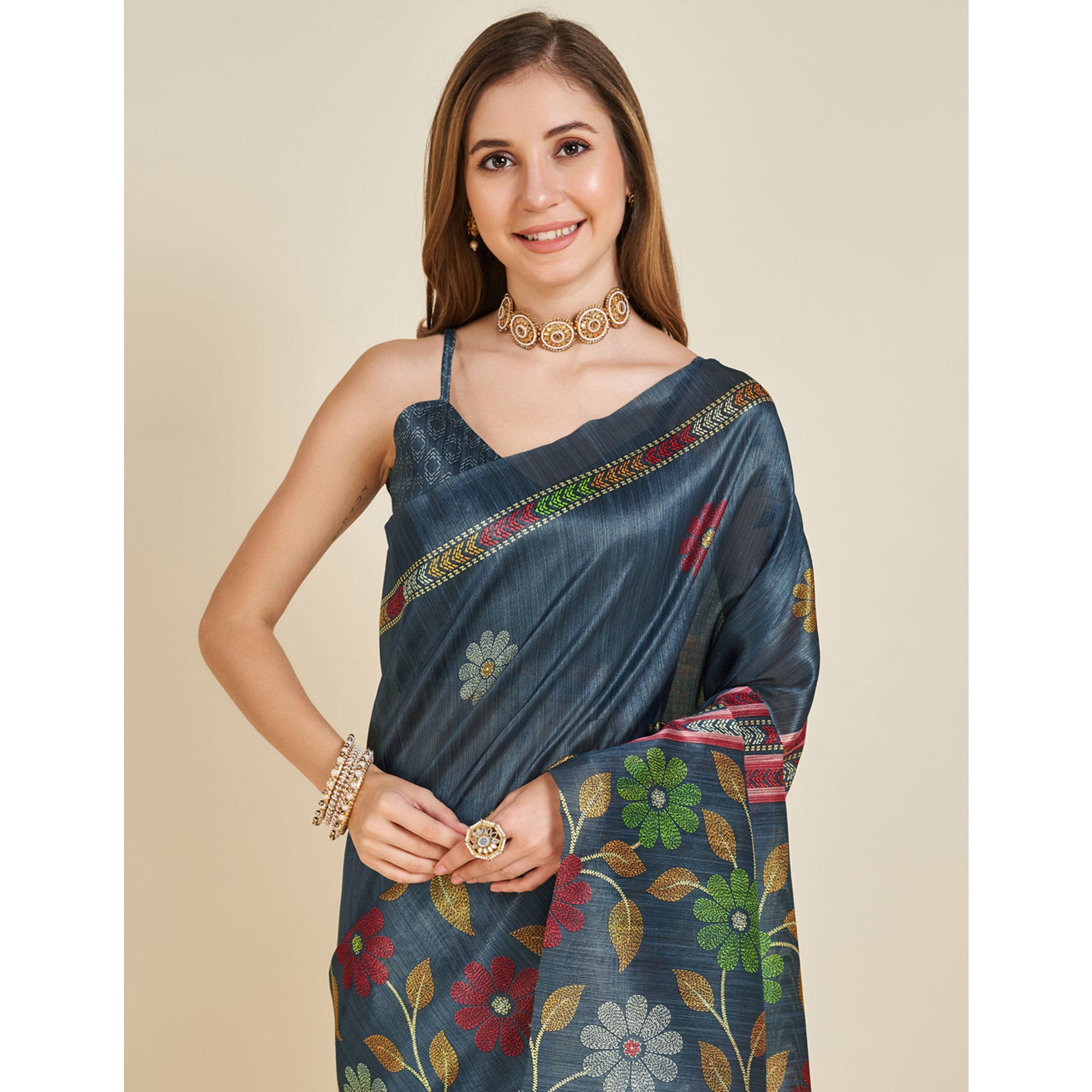 Bluish Grey Digital Printed Bhagalpuri Silk Saree With Tassels