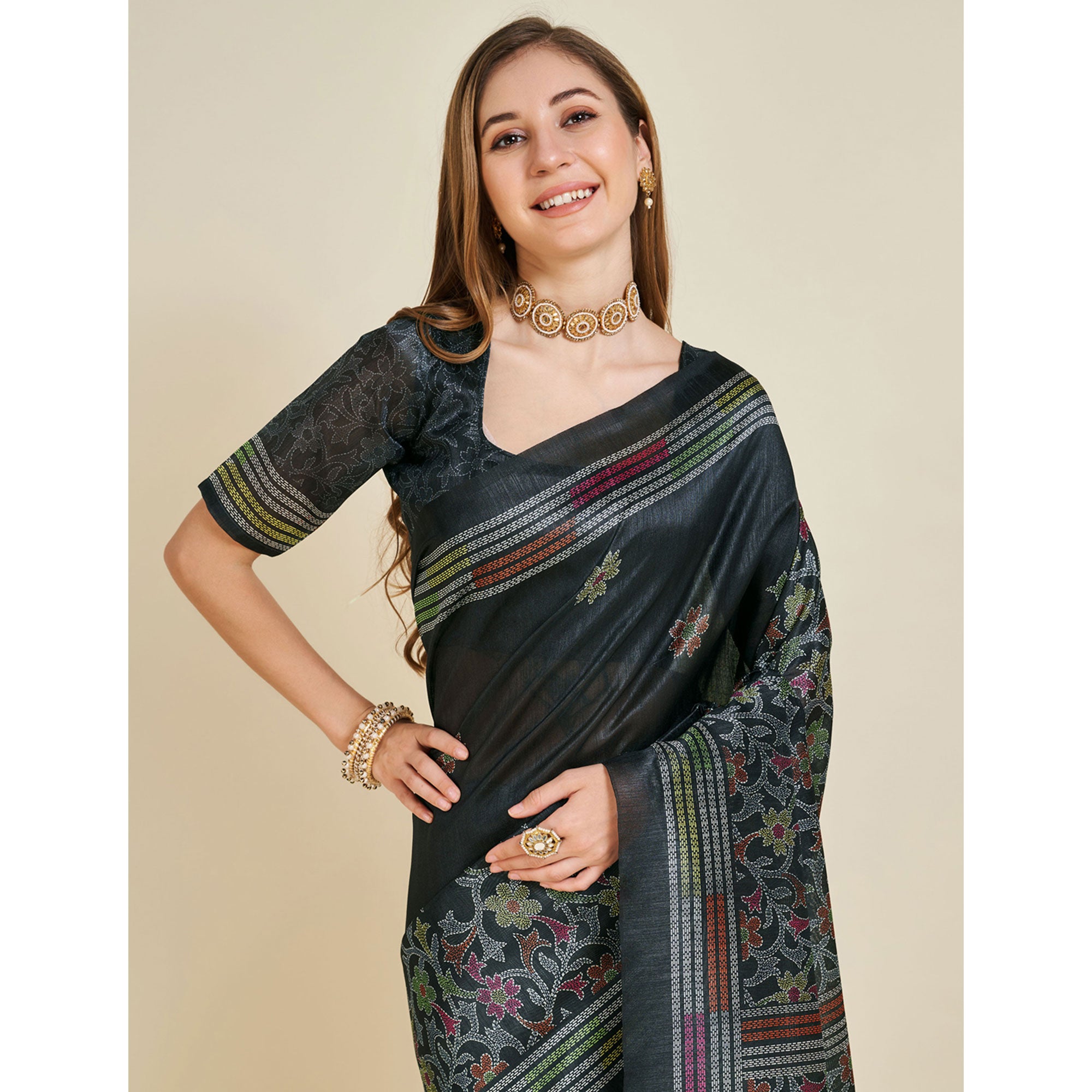 Black Digital Printed Bhagalpuri Silk Saree With Tassels