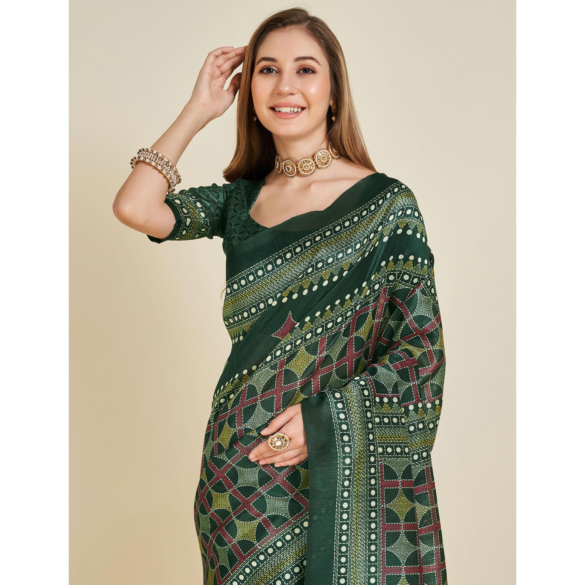 Green Digital Printed Bhagalpuri Silk Saree With Tassels