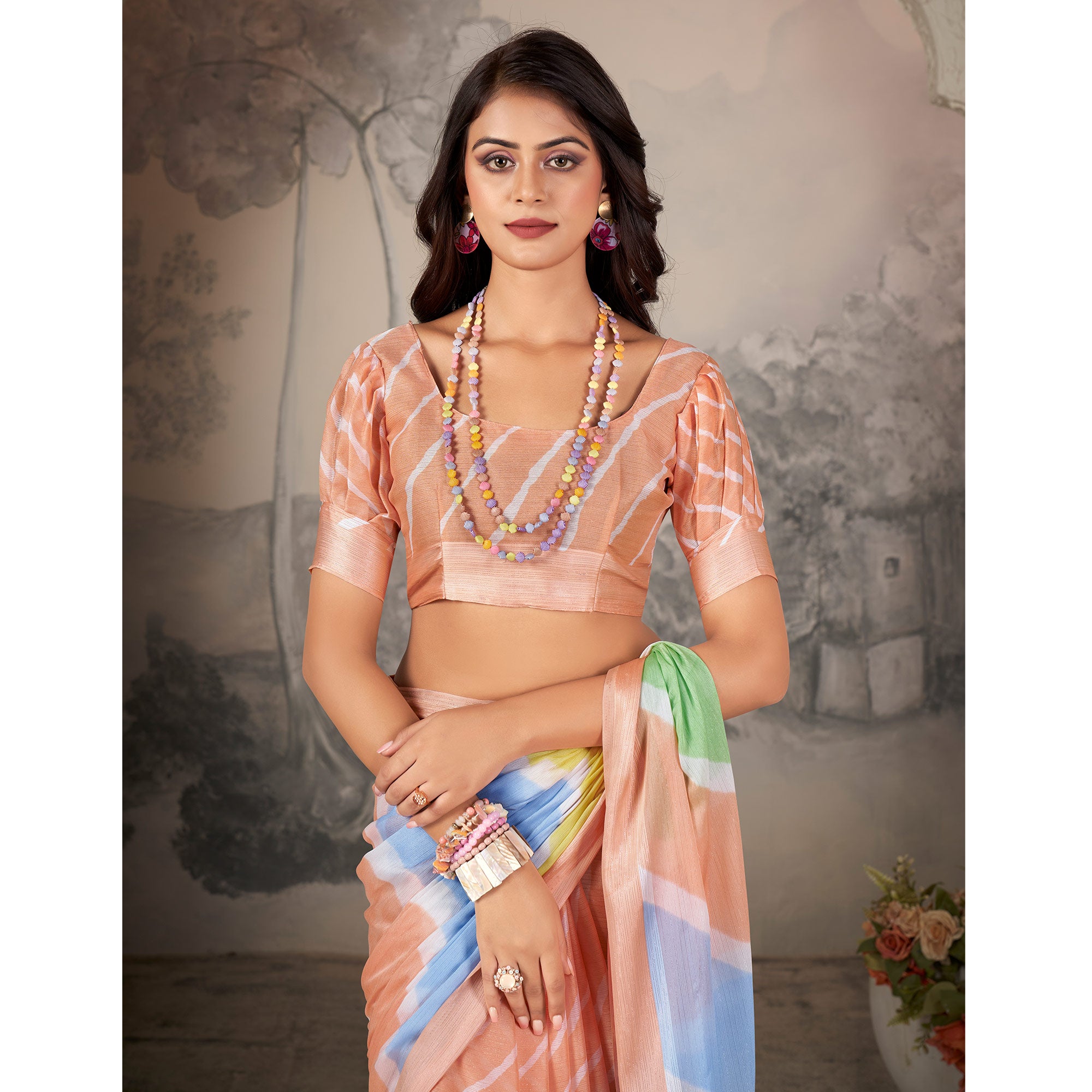 Orange Printed Chiffon Saree