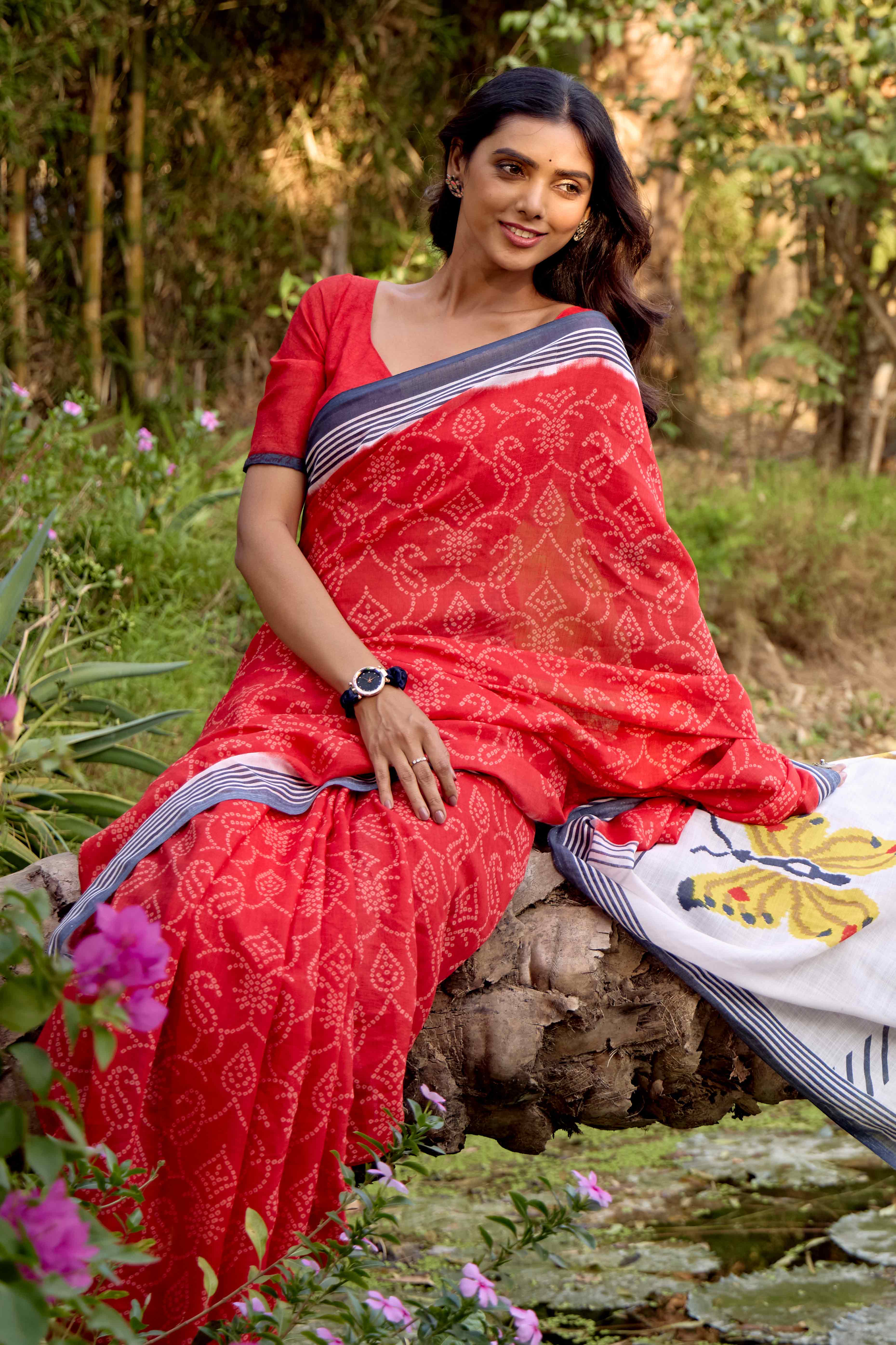 Red Bandhani Printed Linen Saree