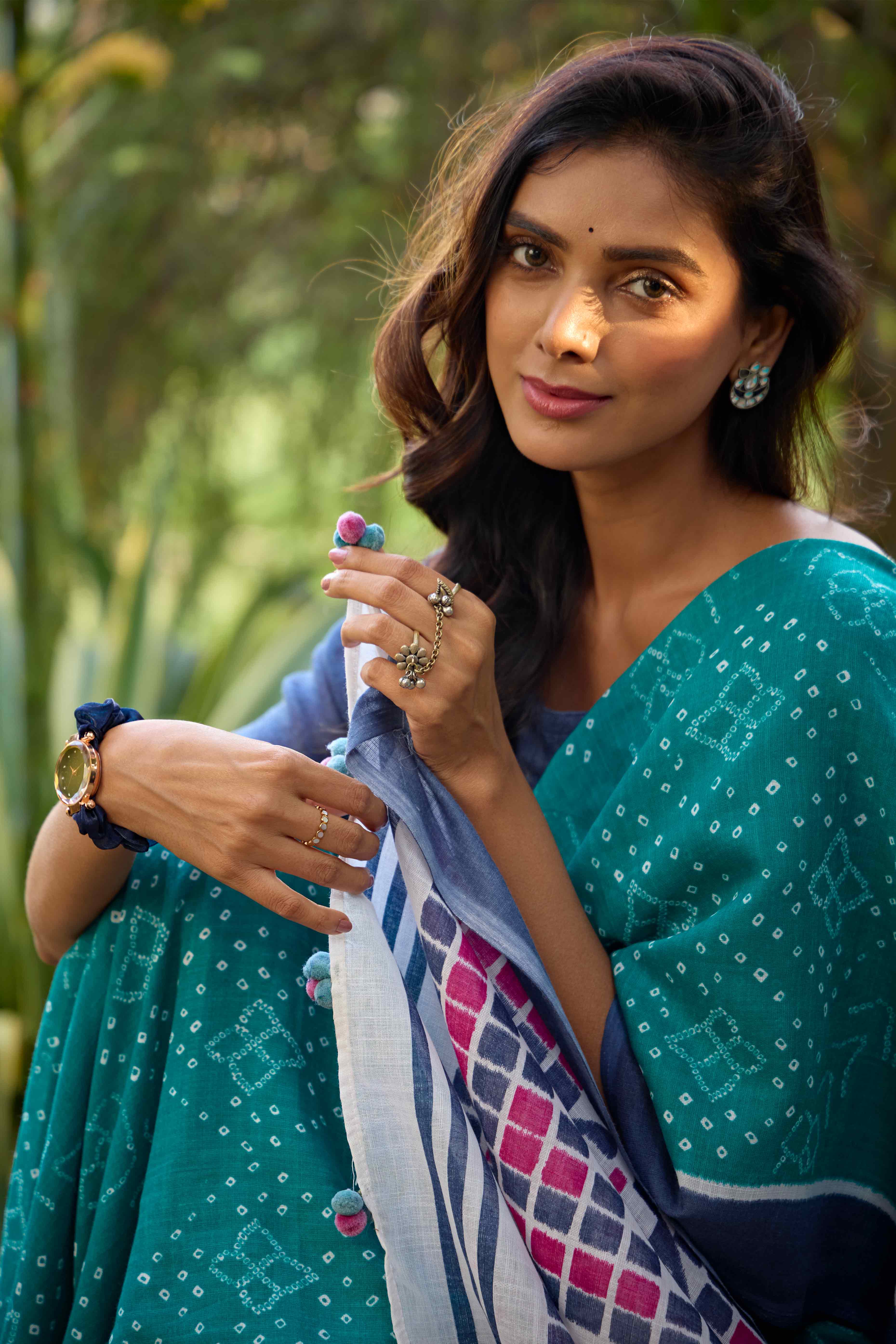 Rama Green Bandhani Printed Linen Saree