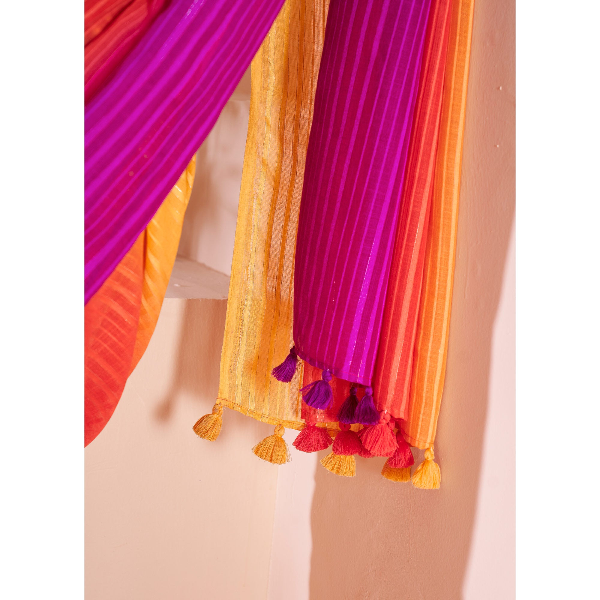 Multicolor Woven Linen Saree With Tassels