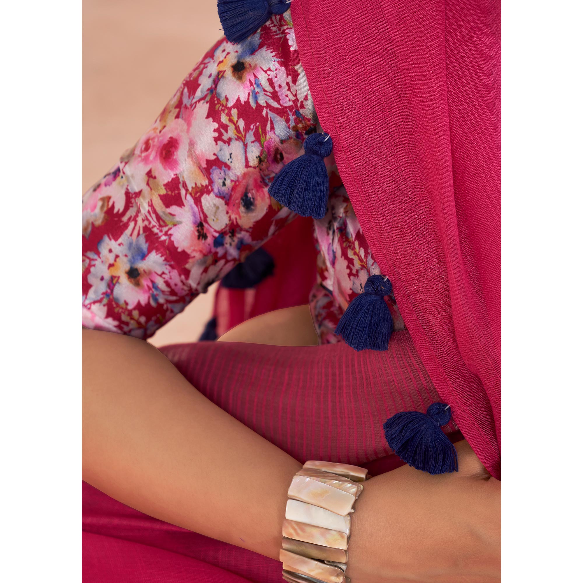 Pink Woven Linen Saree With Tassels