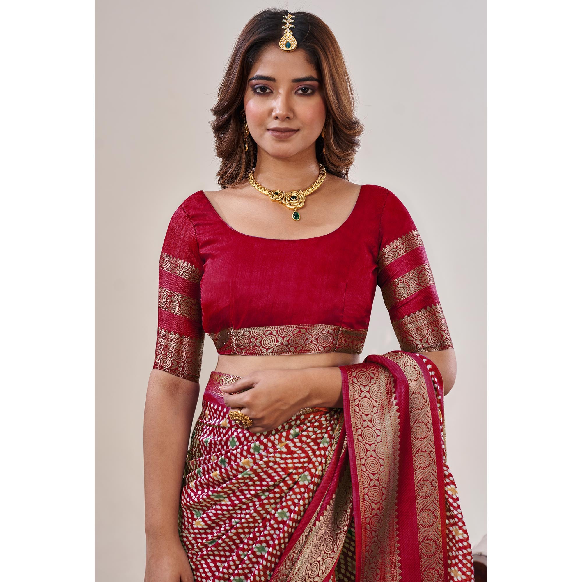 Red Ikkat Printed With Jacquard Border Cotton Silk Saree